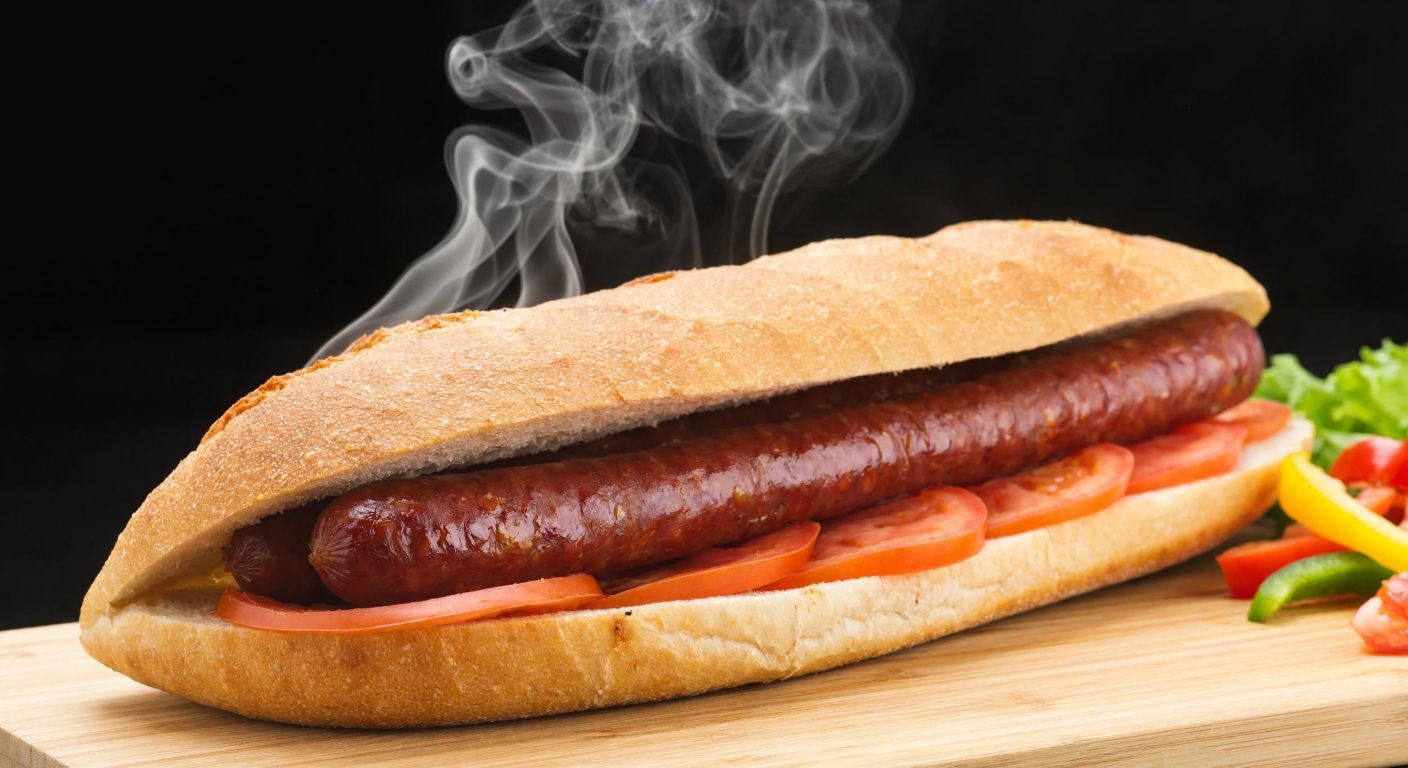 A freshly grilled, juicy sucuk sausage sliced and nestled inside a crusty Turkish bread, with steam rising and a side of chopped tomatoes and peppers.