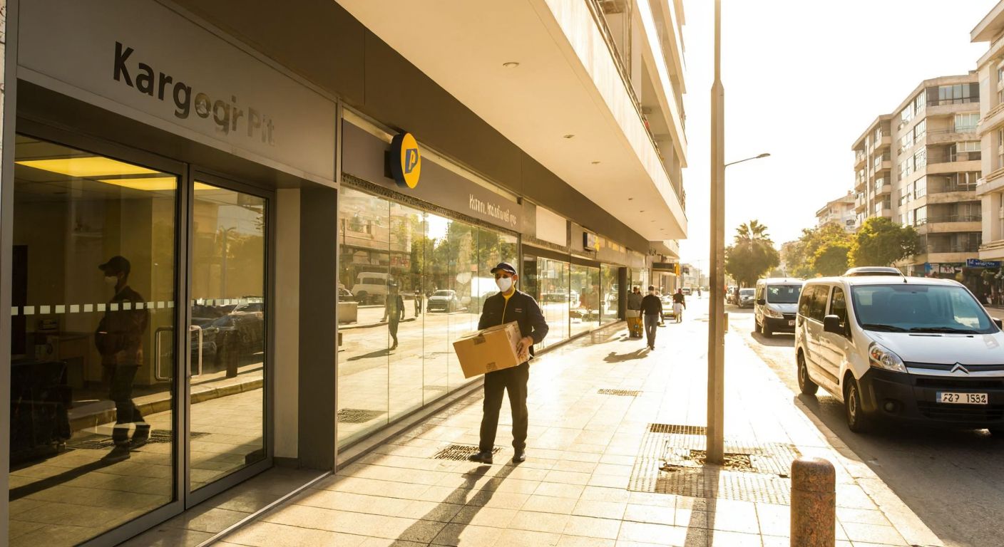 A sunlit street in İzmir's Konak district, with a modern PTT Kargo building on Fevzipaşa Boulevard, its glass doors reflecting a bustling sidewalk where a delivery worker carries a package toward a waiting van.