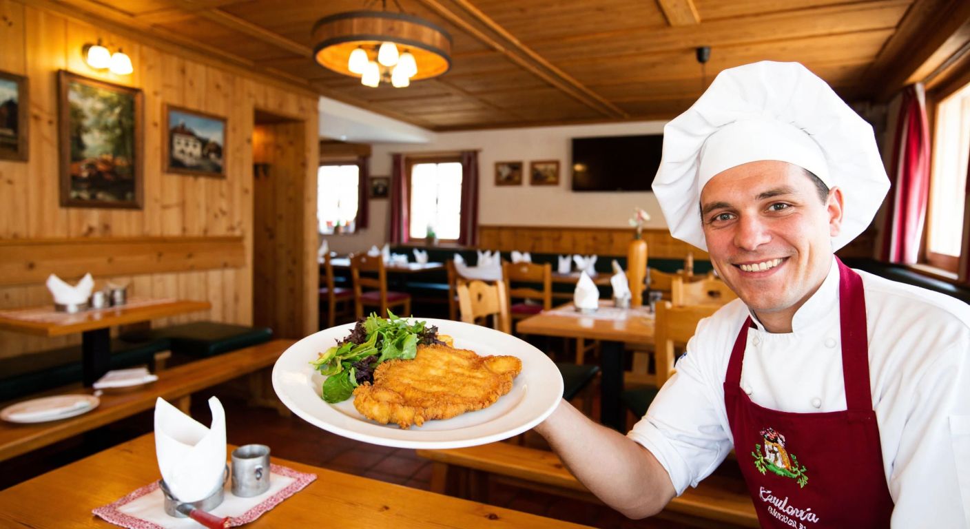 A cozy Austrian-style restaurant with wooden decor, a steaming golden schnitzel on a plate, and a smiling chef in traditional Alpine attire.