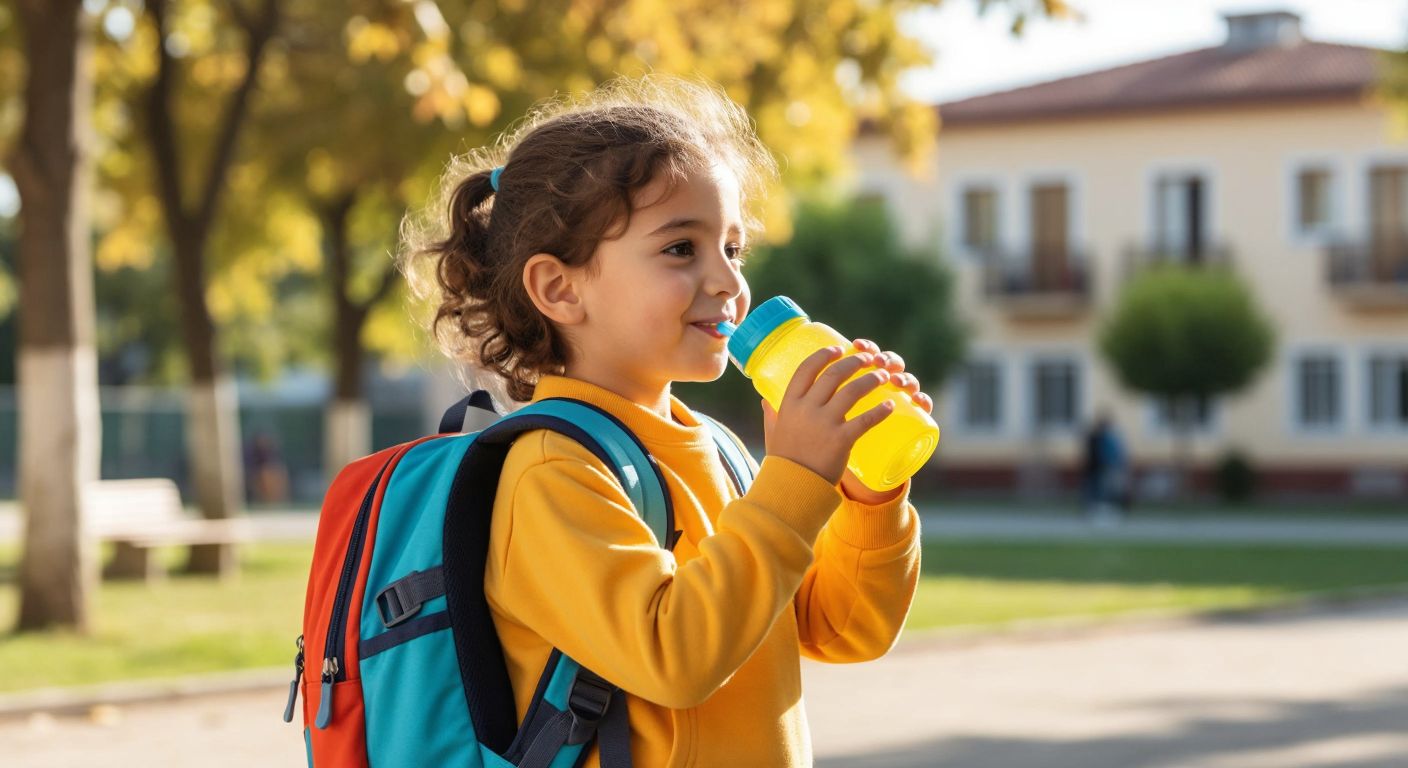 A cheerful Turkish child wearing a school backpack sips water from a bright-colored, ergonomic **dürbün matara** with a straw, standing in a sunny schoolyard.