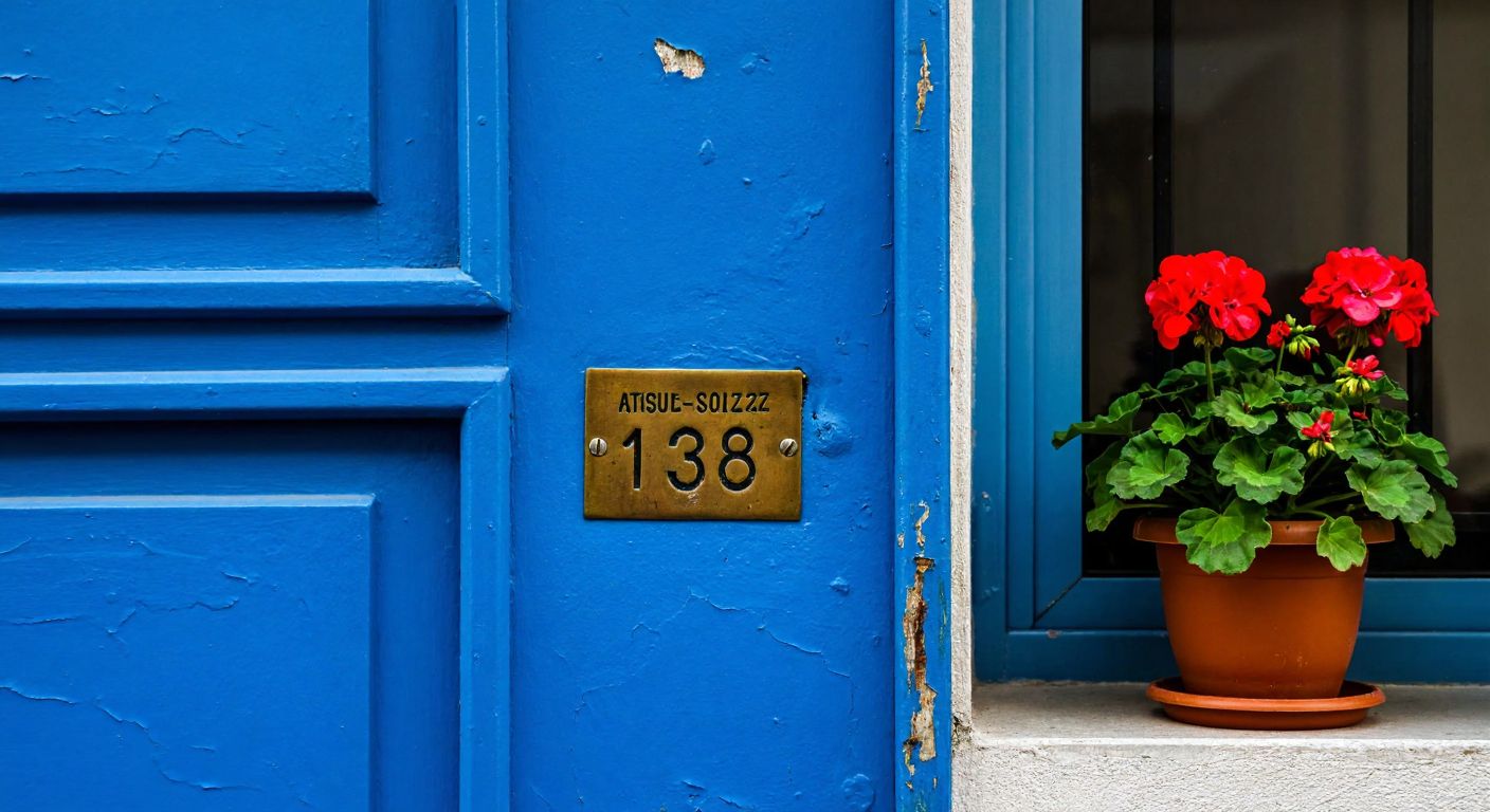 A close-up of a weathered blue metal door in a Turkish apartment building, with a small brass plaque displaying a multi-digit number, surrounded by peeling paint and a potted red geranium on the windowsill.