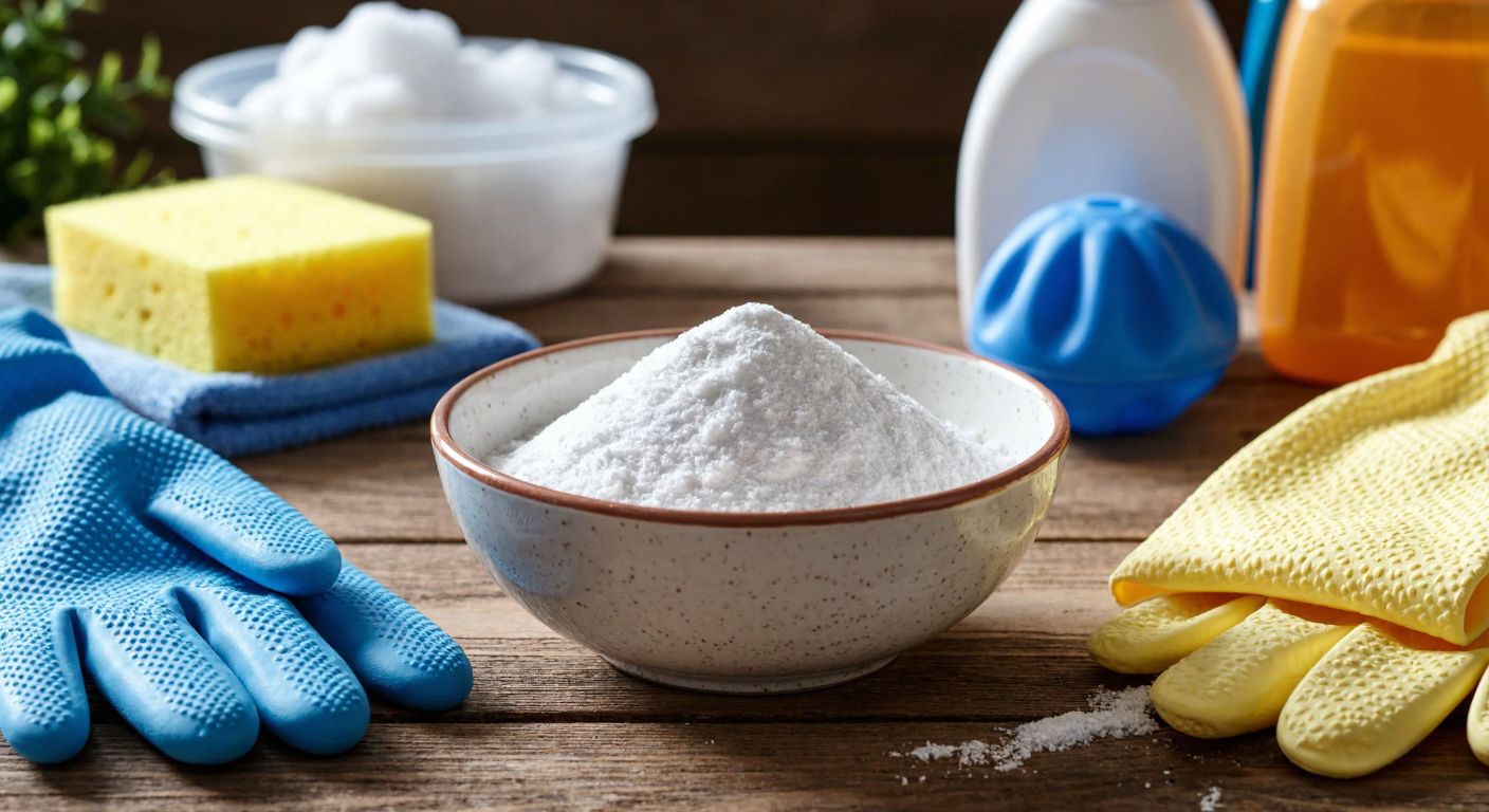A bright white powder (borax) in a small ceramic bowl placed on a wooden table, surrounded by household items like a sponge, laundry detergent, and a slime toy, with a pair of rubber gloves nearby to emphasize safety.