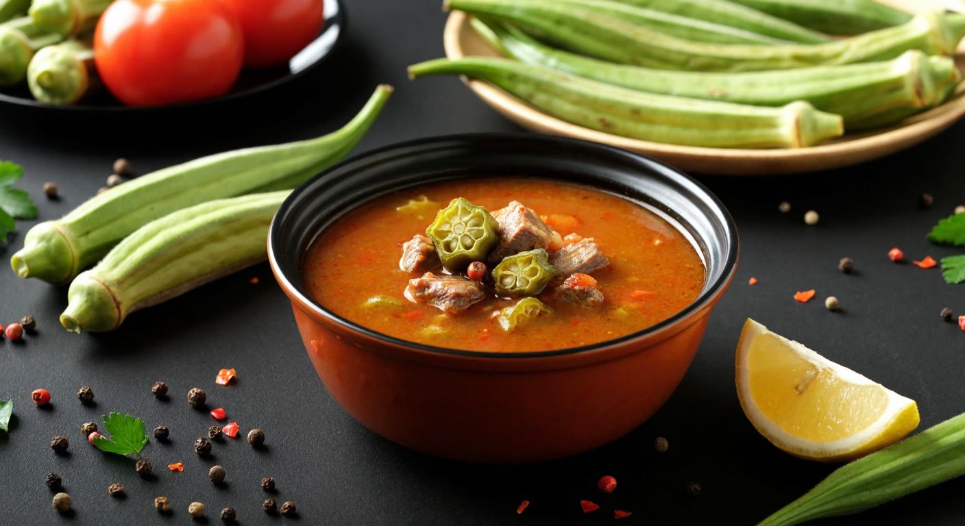 A steaming bowl of okra soup with tender meat pieces and golden tail fat glistening on top, surrounded by fresh okra pods, a sliced lemon, and scattered spices like black pepper and red pepper flakes, evoking warmth and traditional Turkish home cooking.