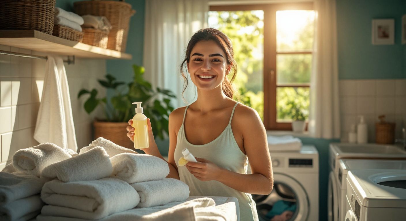 A Turkish woman in a bright, sunlit laundry room smiles while holding a small bottle of concentrated fabric softener next to a pile of fluffy, freshly washed towels.