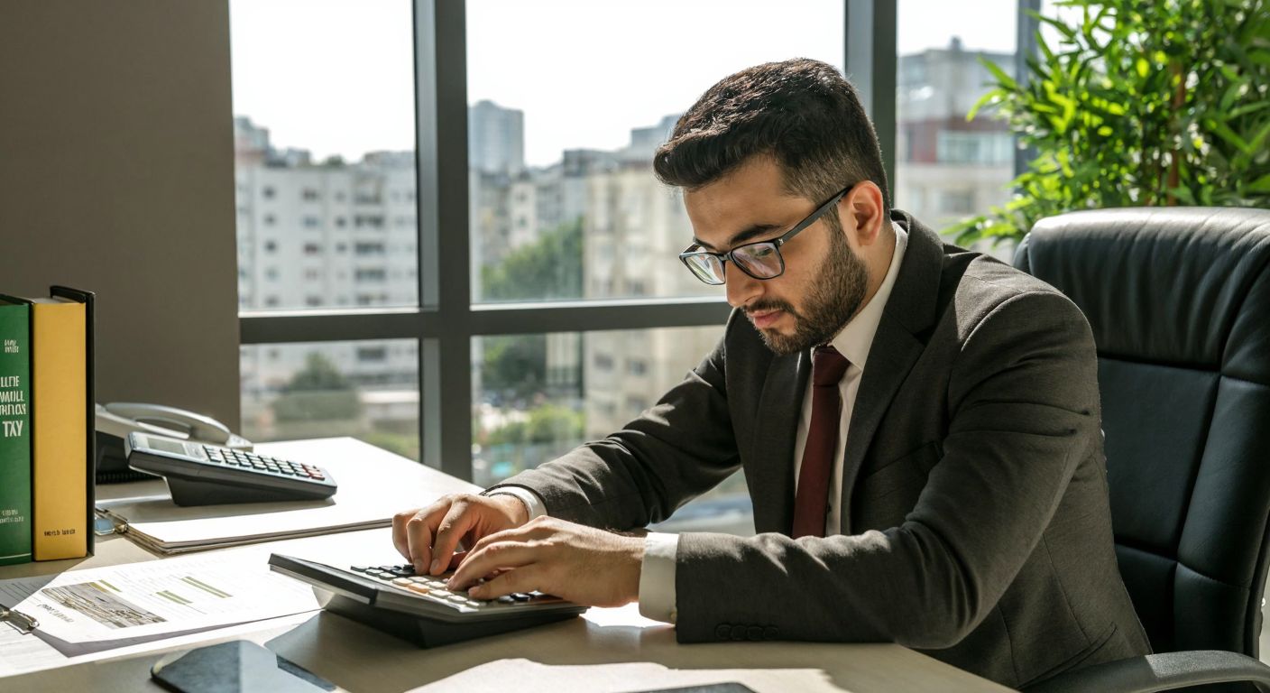 A Turkish accountant in a tidy office, wearing glasses and a focused expression, calculates numbers on a calculator while referencing a printed municipal tax document, with a clean cityscape visible through the window.