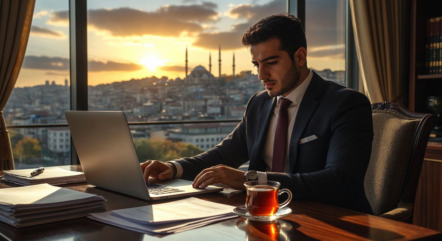 A focused Turkish businessman in a formal suit sits at a wooden desk with a laptop open, his hand hovering over a keyboard while a small stack of documents and a steaming cup of Turkish tea rest beside him, sunlight streaming through a window with a view of Istanbul's skyline in the background.