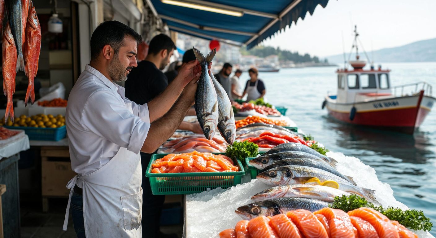 A bustling Turkish fish market with a vendor in a white apron holding up a glistening fresh fish, customers examining colorful seafood on ice, and a small fishing boat visible in the background near the shore.