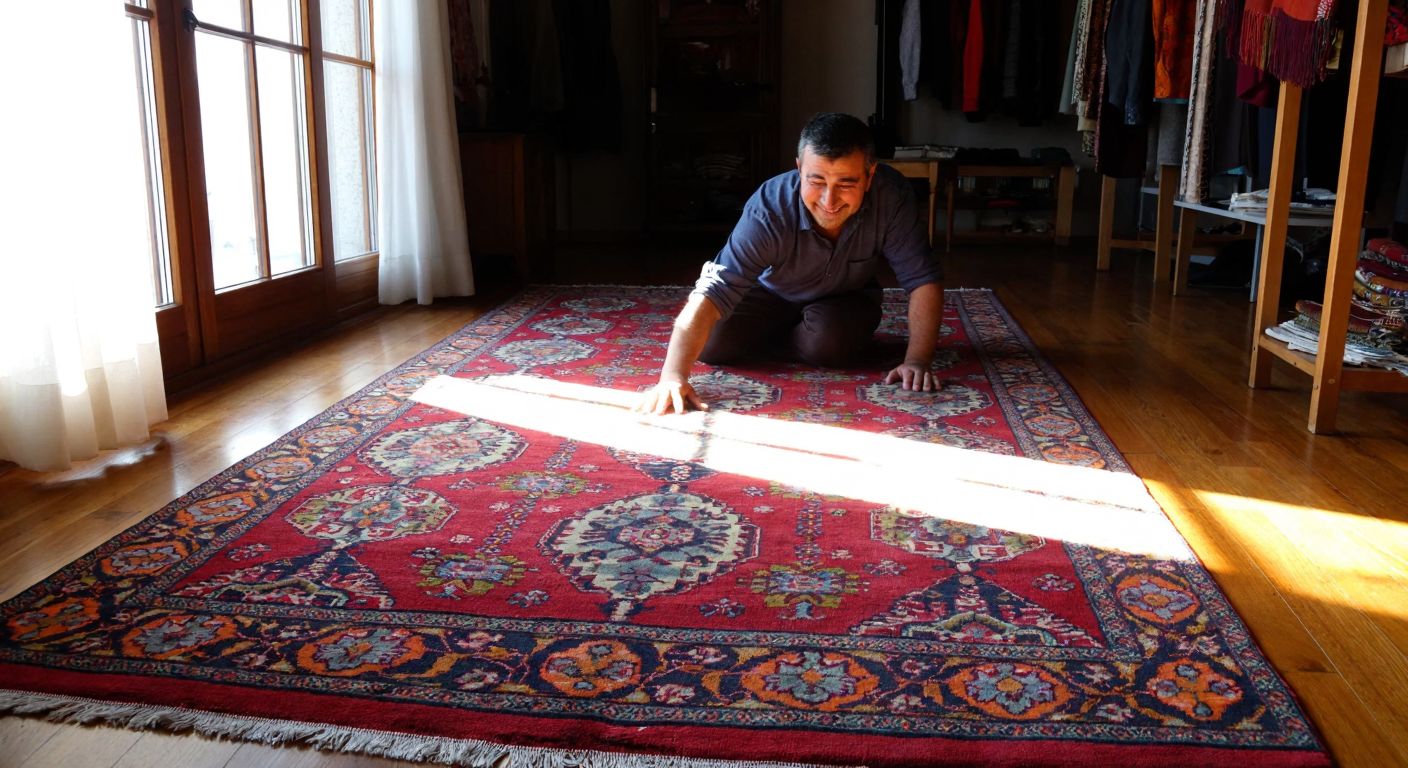 A vibrant Turkish carpet with intricate patterns lies on a wooden floor, bathed in warm sunlight, while a smiling artisan carefully inspects its woven details.