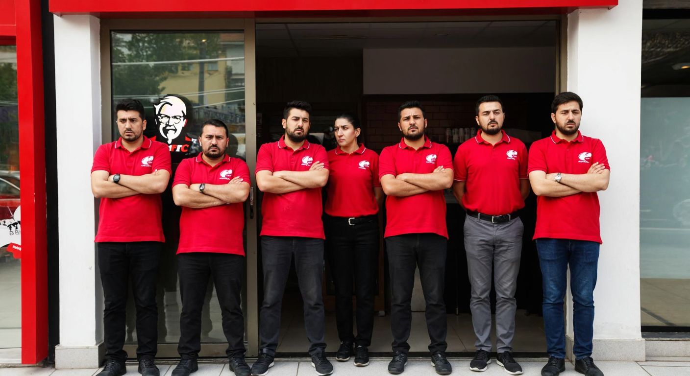 A somber group of former KFC employees in Turkey stand outside a shuttered restaurant, their uniforms still on, with expressions of frustration and disappointment.