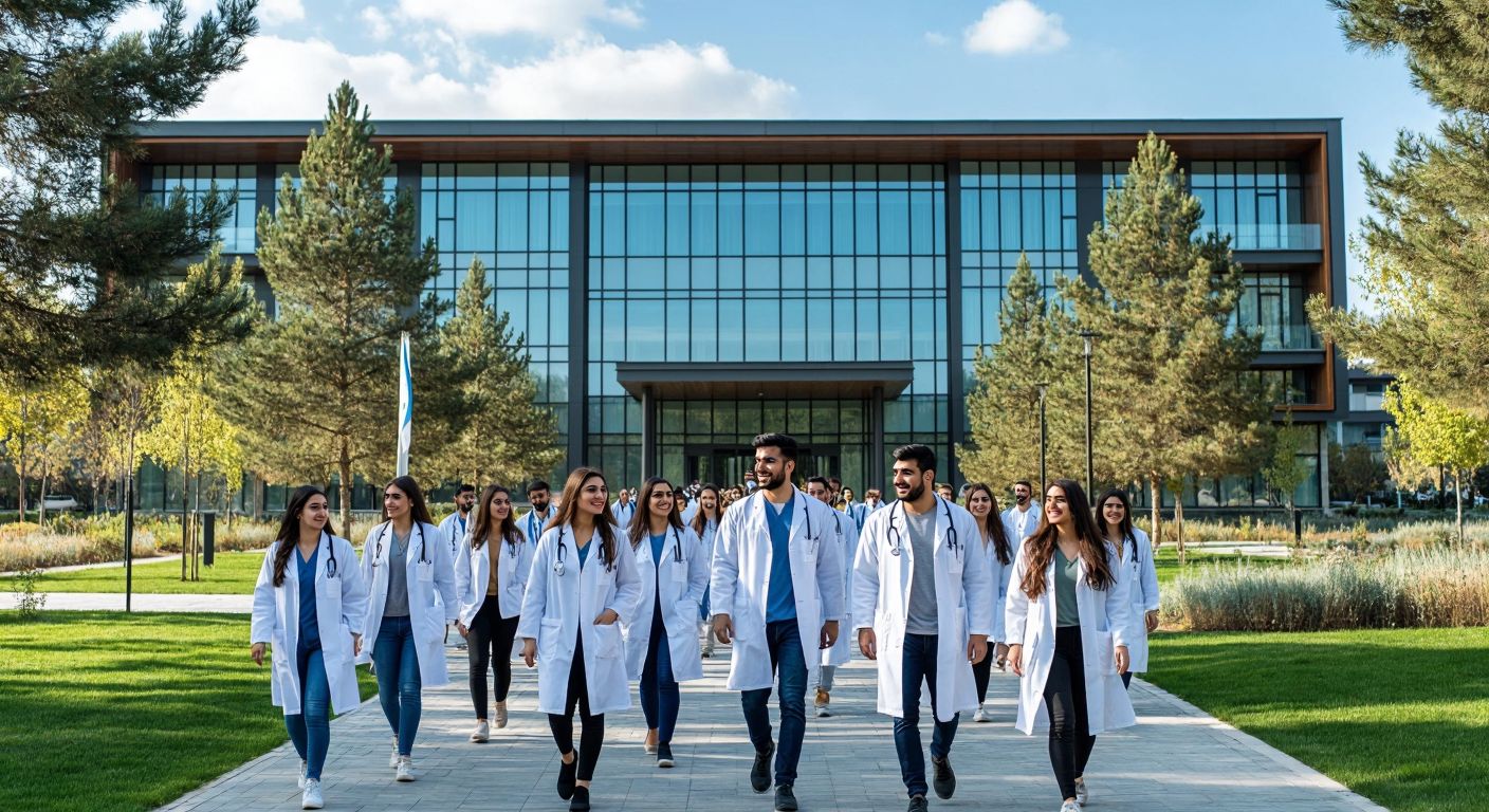 A modern university campus in Turkey with students in white lab coats walking past a medical faculty building, some smiling confidently while others look uncertain, surrounded by green spaces and a prominent health sciences banner.