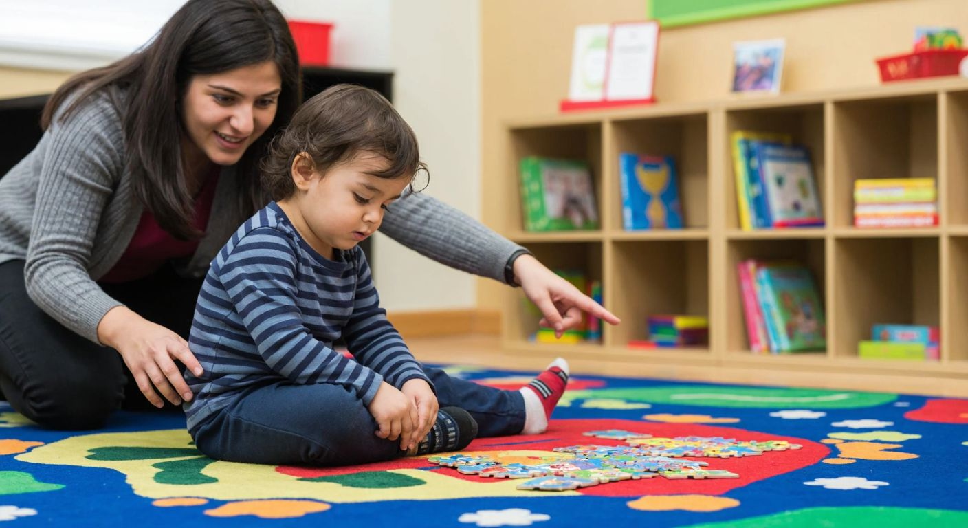 A young Turkish child sitting cross-legged on a colorful classroom rug, intently studying a puzzle piece with a curious expression, while a smiling teacher points to a nearby bookshelf filled with educational games.