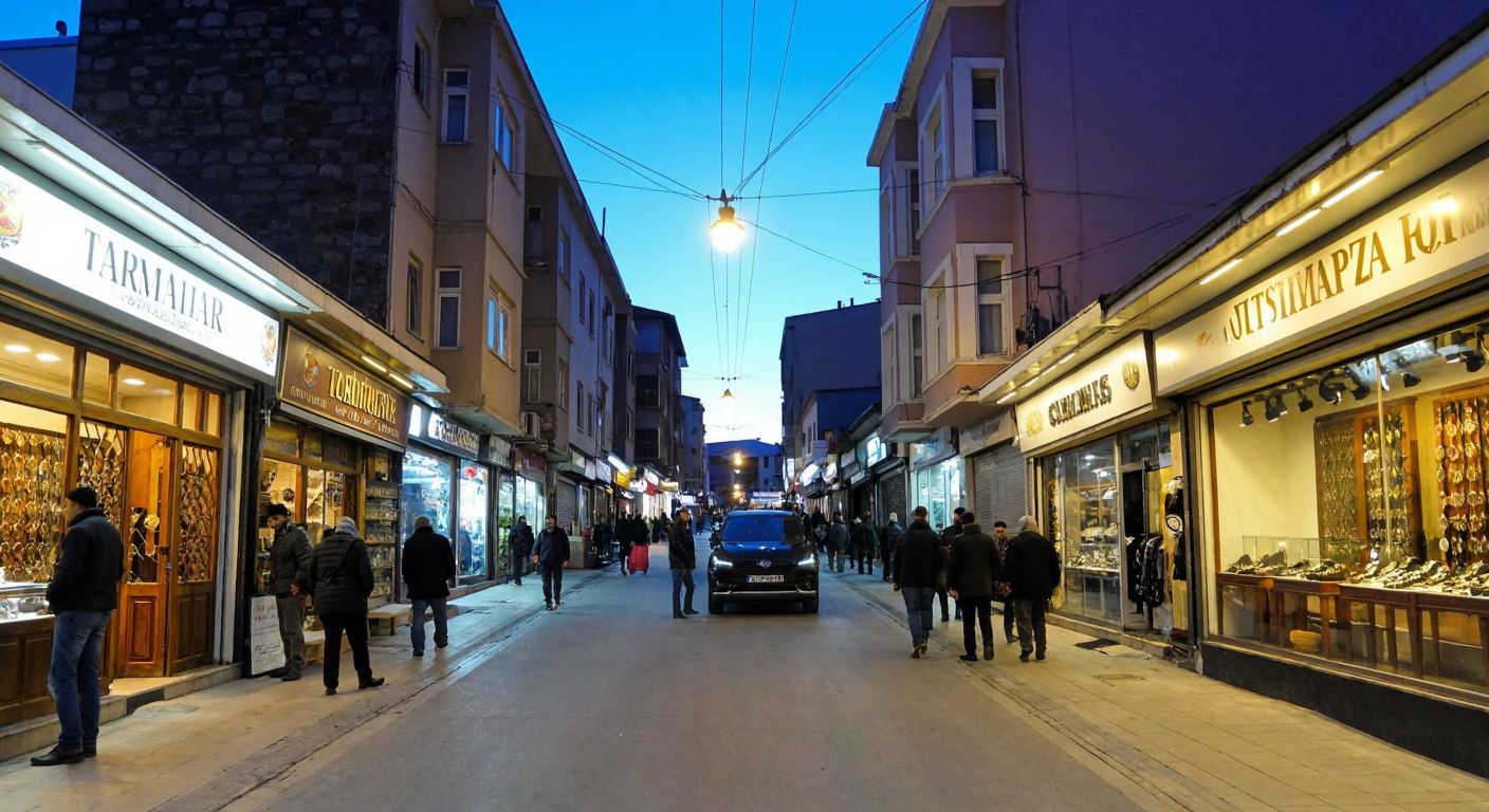 A bustling street in Erzurum’s Taşmağazalar district, with closed jewelry shops under a dusky sky, a few lingering customers, and a visible police checkpoint nearby.