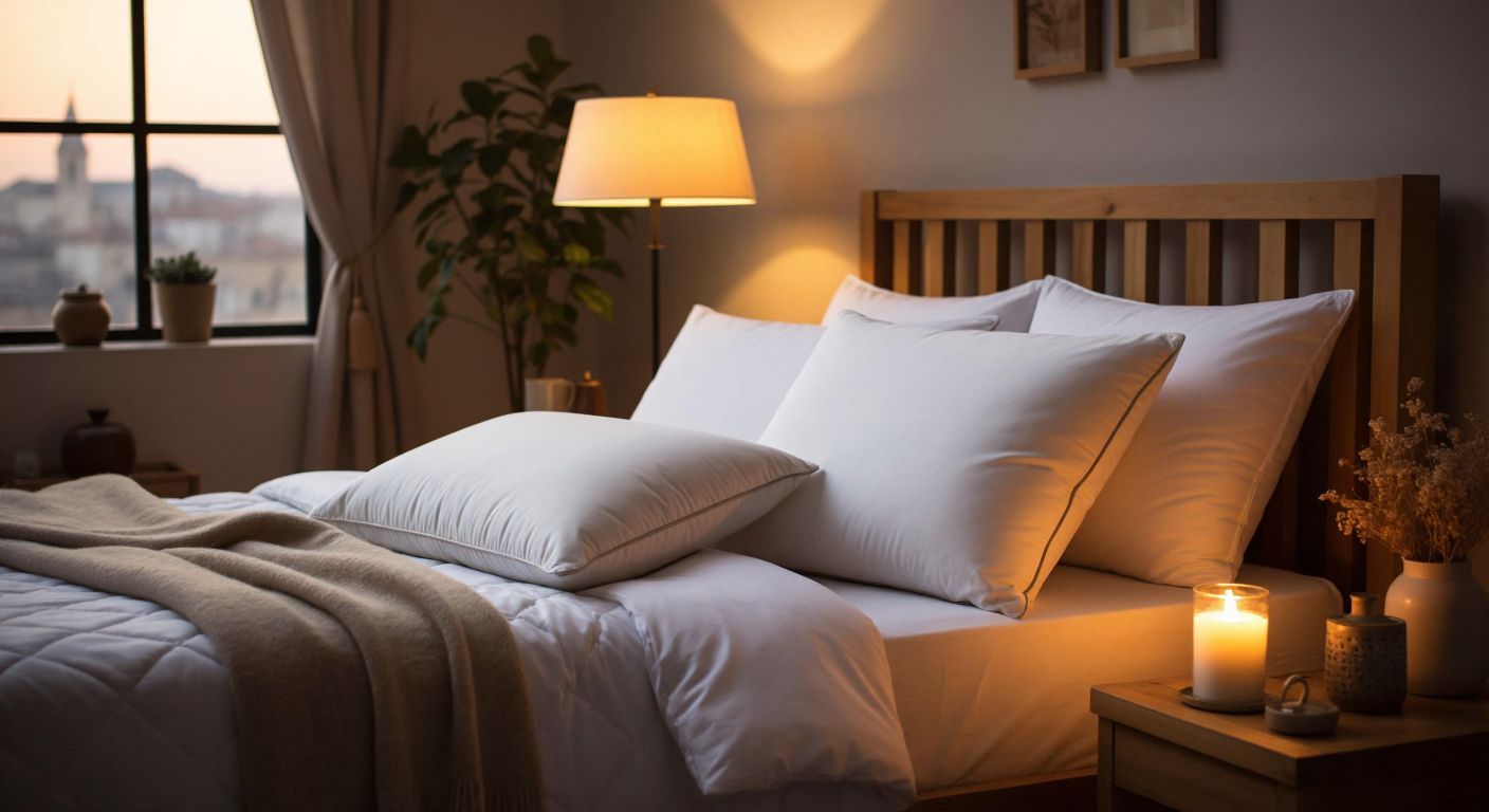 A cozy Turkish bedroom with a neatly made bed displaying three distinct pillows—a medium-firm orthopedic pillow for back sleepers, a taller supportive pillow for side sleepers, and a thin soft pillow for stomach sleepers—arranged side by side under warm lamplight.