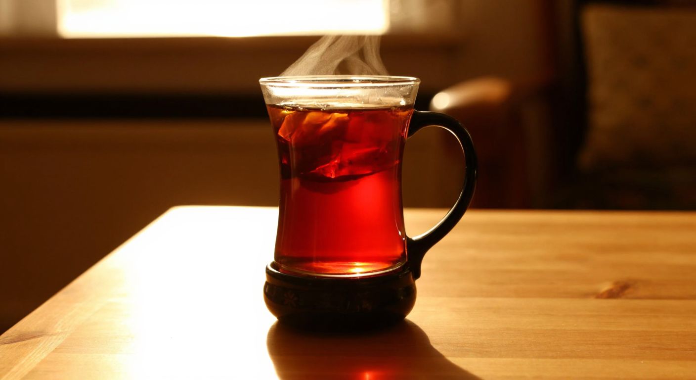 A steaming Turkish tea in a colorful "sihirli kupa" mug resting on a wooden table, with warm light reflecting off its glossy surface and a cozy home setting in the background.