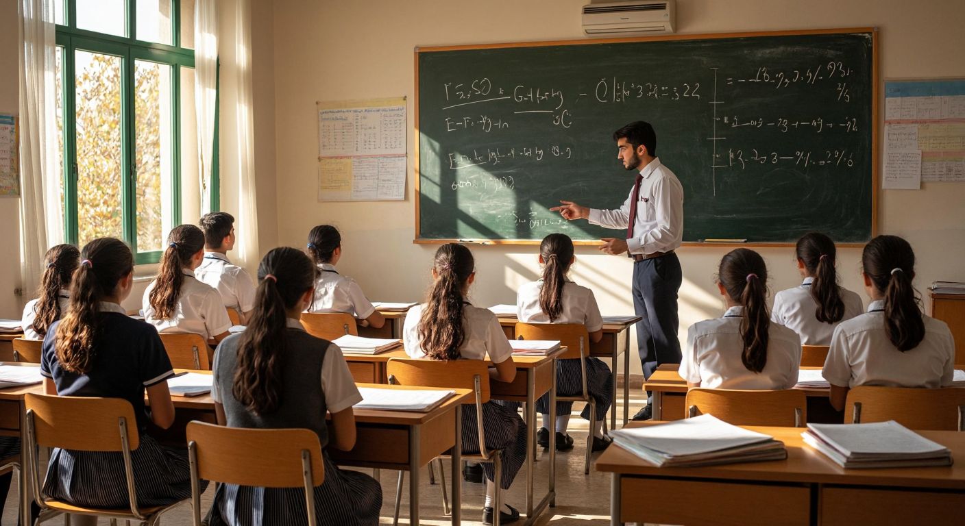 A group of Turkish high school students in uniforms sit attentively in a sunlit classroom, listening to a teacher pointing at a chalkboard covered with equations, while stacks of textbooks and test papers sit neatly on their desks.