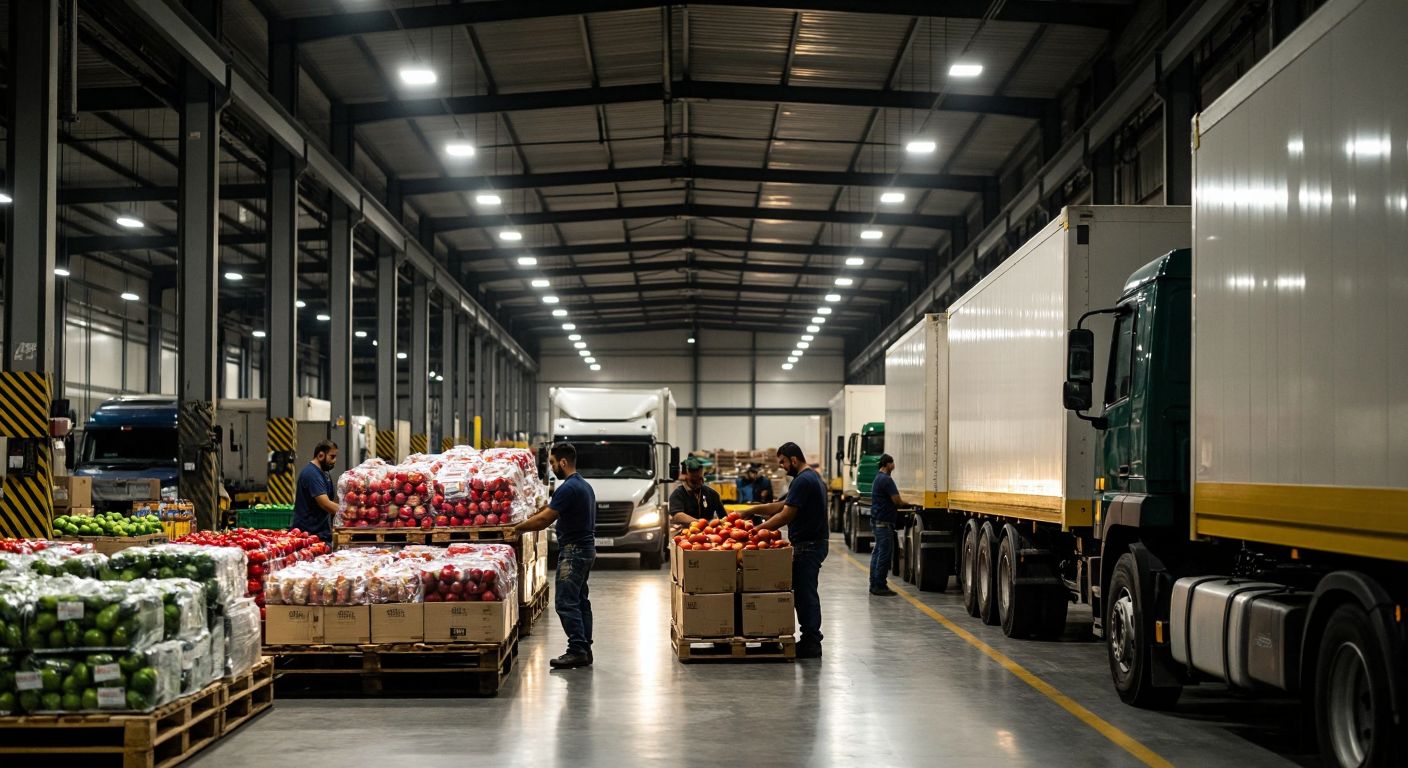 A bustling Turkish warehouse with workers swiftly transferring fresh produce, packaged goods, and automotive parts between trucks under bright industrial lights, embodying efficiency and urgency.