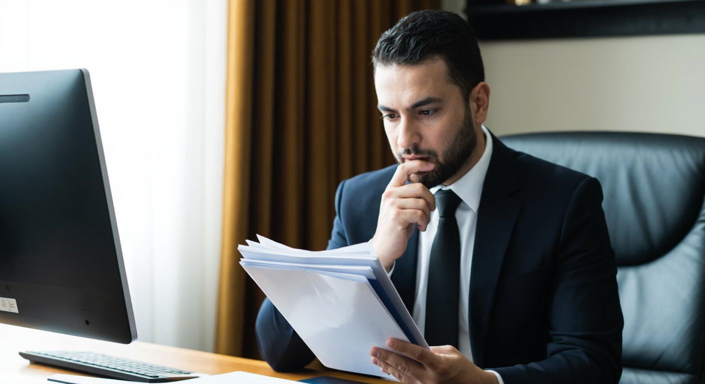 A focused Turkish businessperson in a formal office setting, holding a stack of official-looking documents while thoughtfully searching for information on a sleek, modern computer screen.