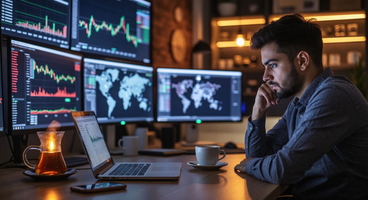 A focused trader in a dimly lit room stares intently at multiple glowing monitors displaying cryptocurrency charts, with a steaming cup of Turkish coffee on the desk beside a sleek laptop.