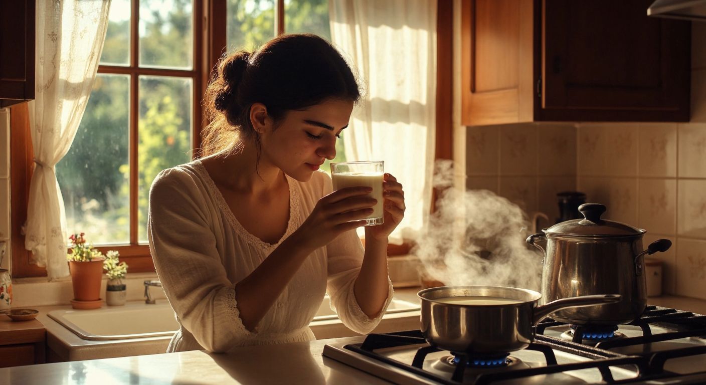 A Turkish woman in a sunlit kitchen carefully examines a glass of fresh white milk, checking its creamy texture and sniffing its mild aroma, while a small pot simmers on the stove with a thin layer of cream forming on the surface.