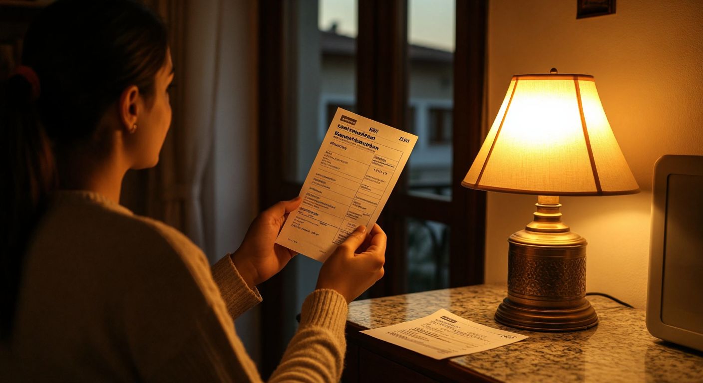 A person in a Turkish home holds a paper electricity bill, pointing to the top section where the contract number is located, with a warm lamp glowing nearby.