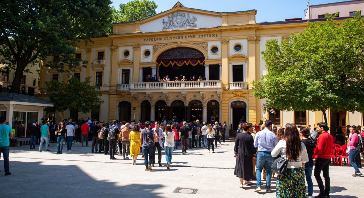 A bustling cultural venue in Kadıköy with a mix of people entering a grand theater for a paid performance while others gather freely in the lively courtyard outside.