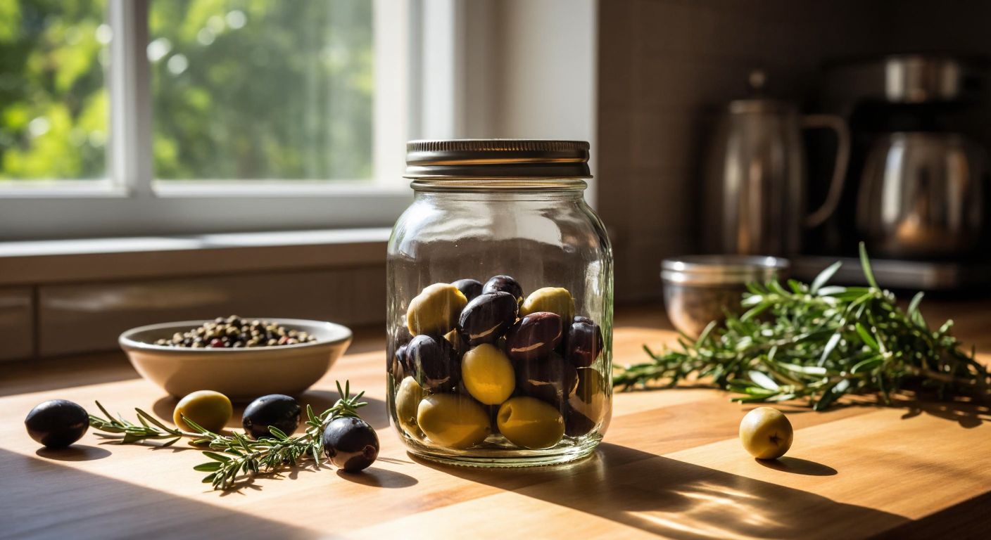 A sturdy glass jar with a shiny metal lid, placed on a wooden kitchen counter in Turkey, surrounded by fresh olives and spices, with sunlight streaming through a nearby window.