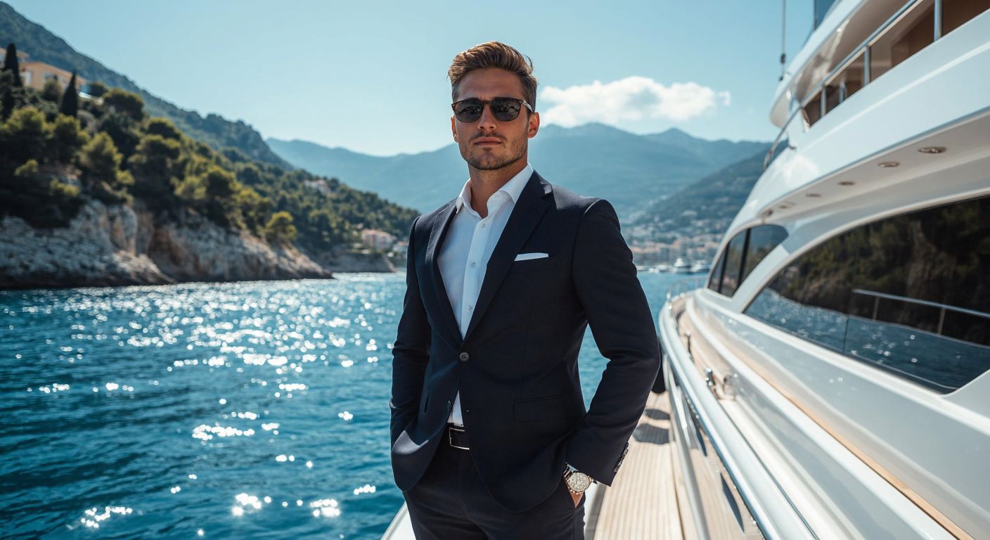 A confident Swiss businessman in a sleek suit stands proudly beside a luxurious yacht on a sparkling Mediterranean coastline, exuding success and elegance.