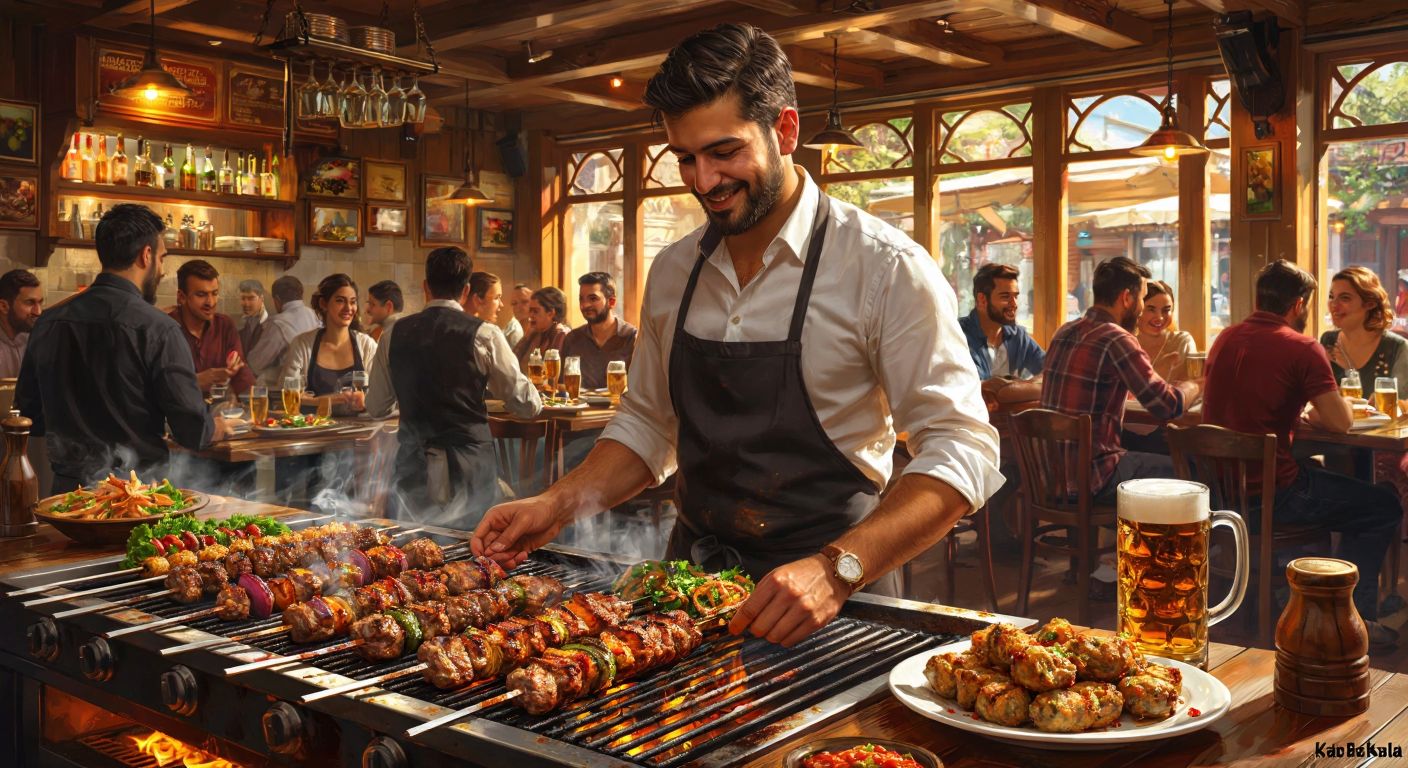 A bustling Turkish kebab restaurant with sizzling skewers on a grill, a waiter serving a frothy beer alongside a plate of golden kebabs, and customers chatting happily in a warm, wood-paneled dining room.
