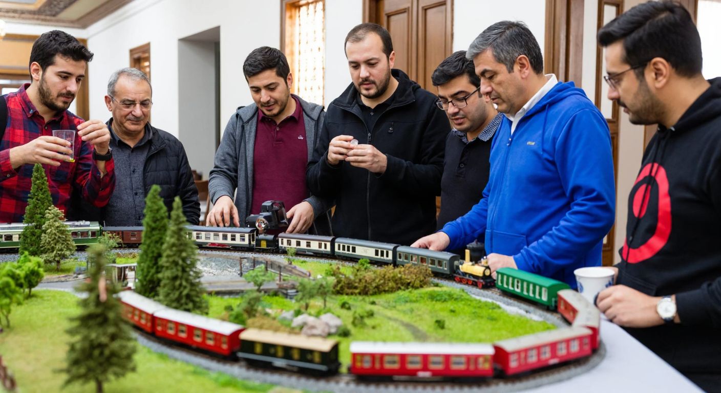 A group of enthusiastic hobbyists in Istanbul gather around a meticulously crafted miniature train set, exchanging tips and admiring the tiny, detailed landscapes while sipping çay.