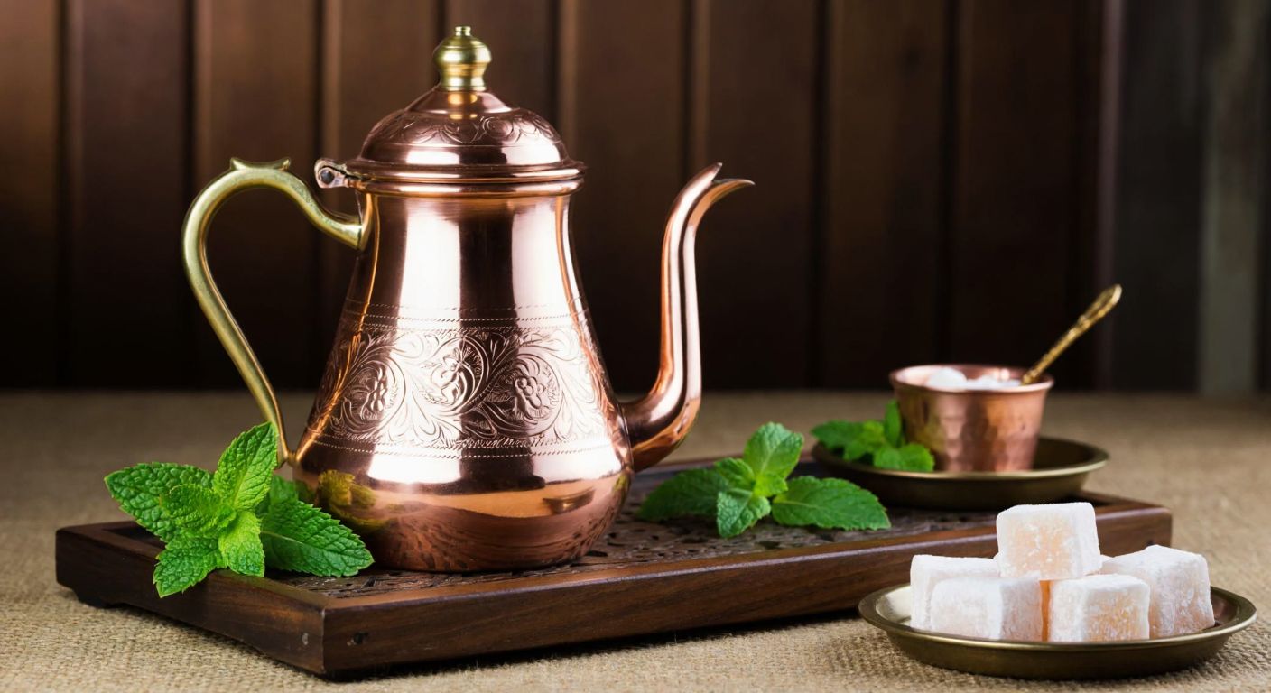 A gleaming copper kettle with intricate Turkish patterns sits on a traditional wooden table, surrounded by fresh mint leaves and a small bowl of Turkish delight.
