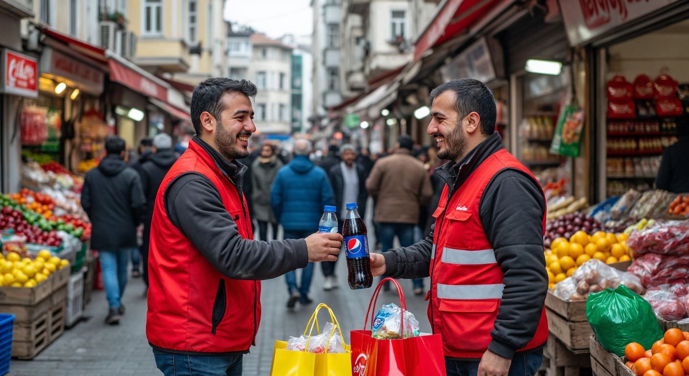 A cheerful Turkish delivery driver in a bright red vest hands a cold bottle of Pepsi to a smiling customer outside a bustling market in Istanbul, with colorful grocery bags at their feet.