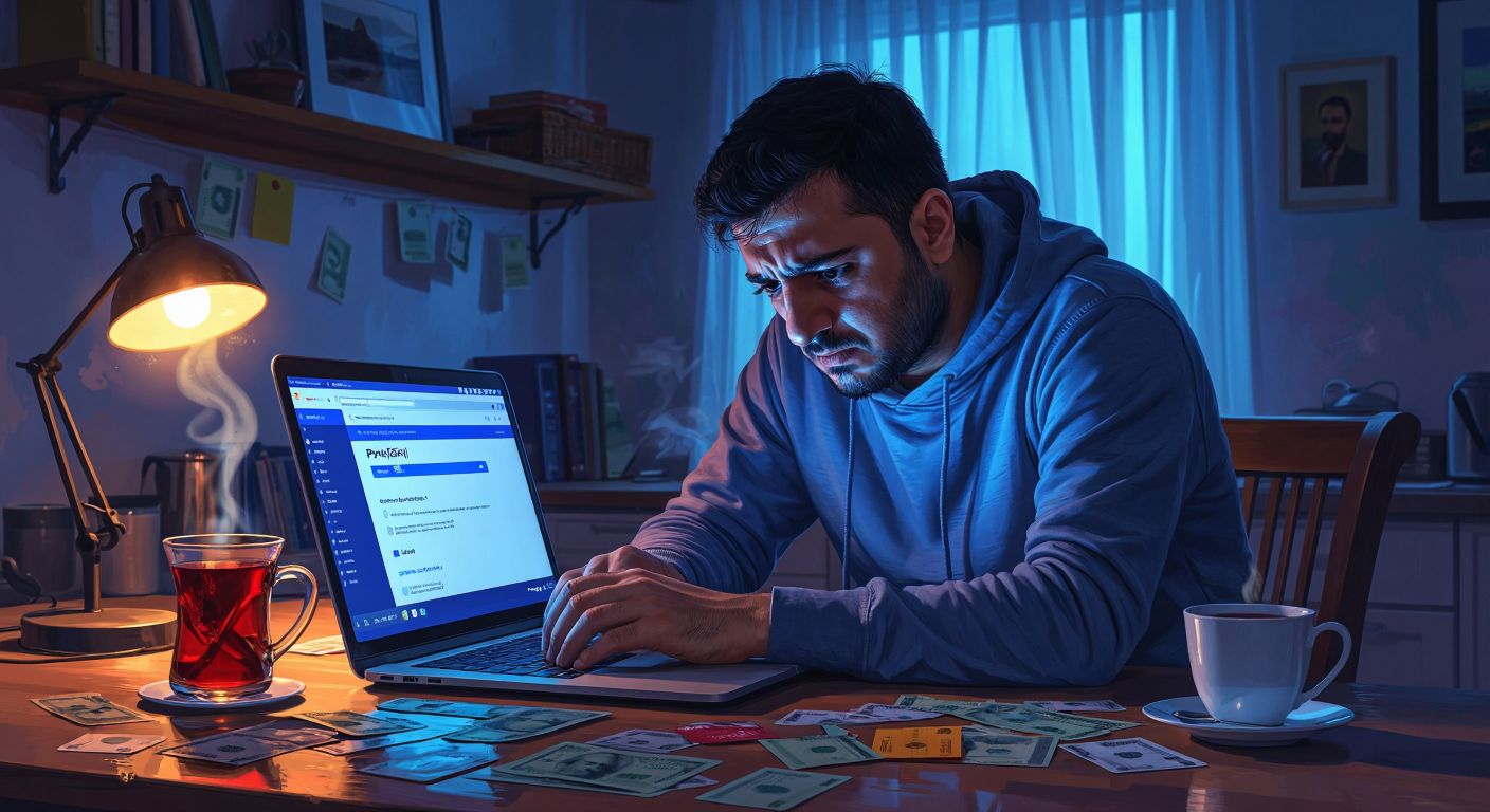 A frustrated Turkish person sitting at a laptop with a PayPal homepage on the screen, surrounded by scattered bank cards and a steaming cup of çay, their face lit by the blue glow of the monitor.