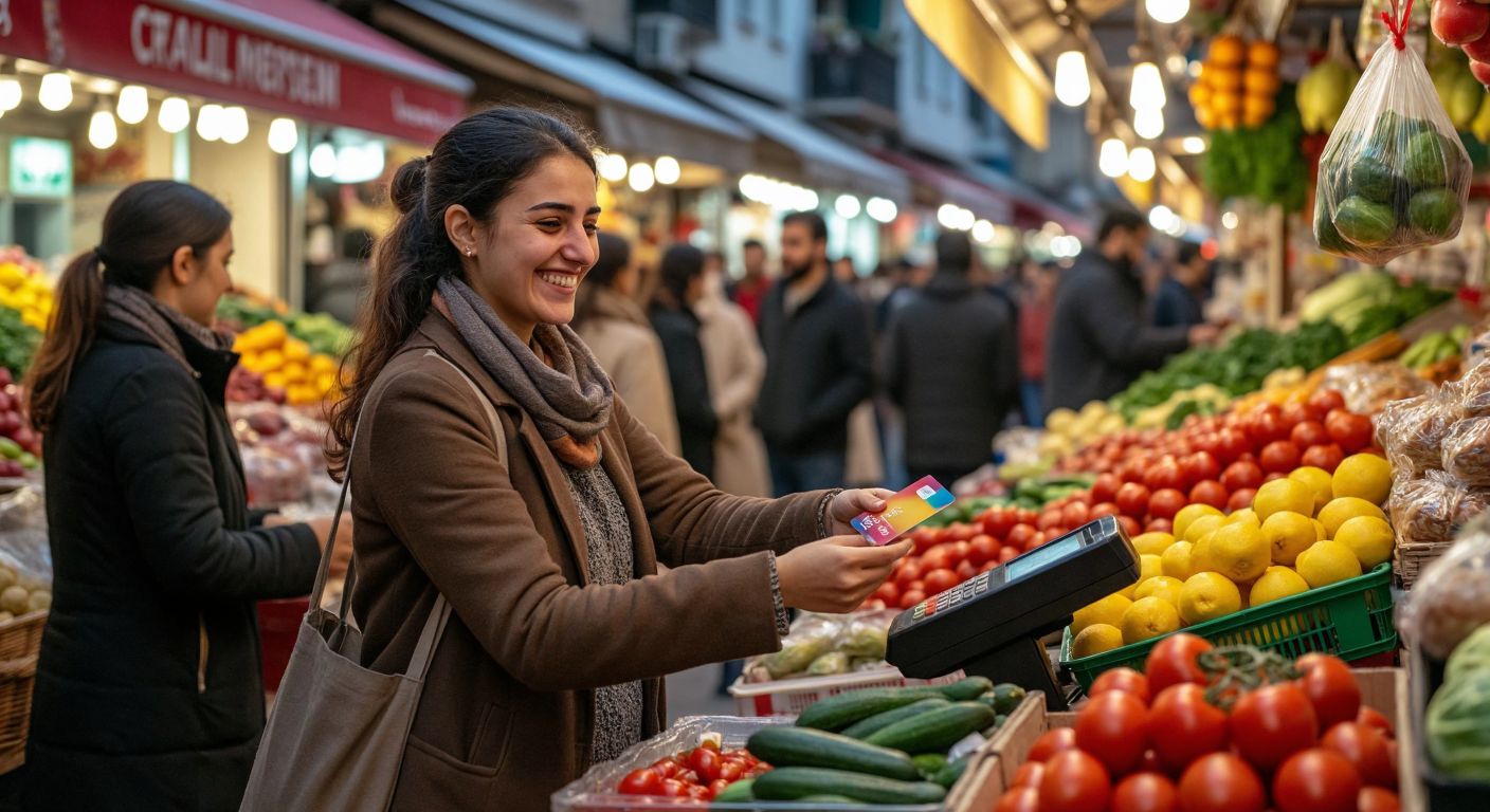 A smiling shopper in a bustling Turkish market swiping a colorful bank card at a payment terminal, with a vendor handing over a bag of fresh produce.