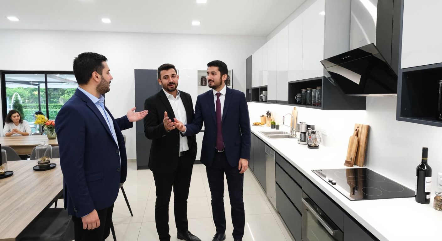 A bustling kitchen showroom in Mustafakemalpaşa, Bursa, with neatly displayed modern cabinets, sleek countertops, and a warm interaction between two well-dressed Turkish businessmen—one gesturing proudly toward a stylish kitchen setup.