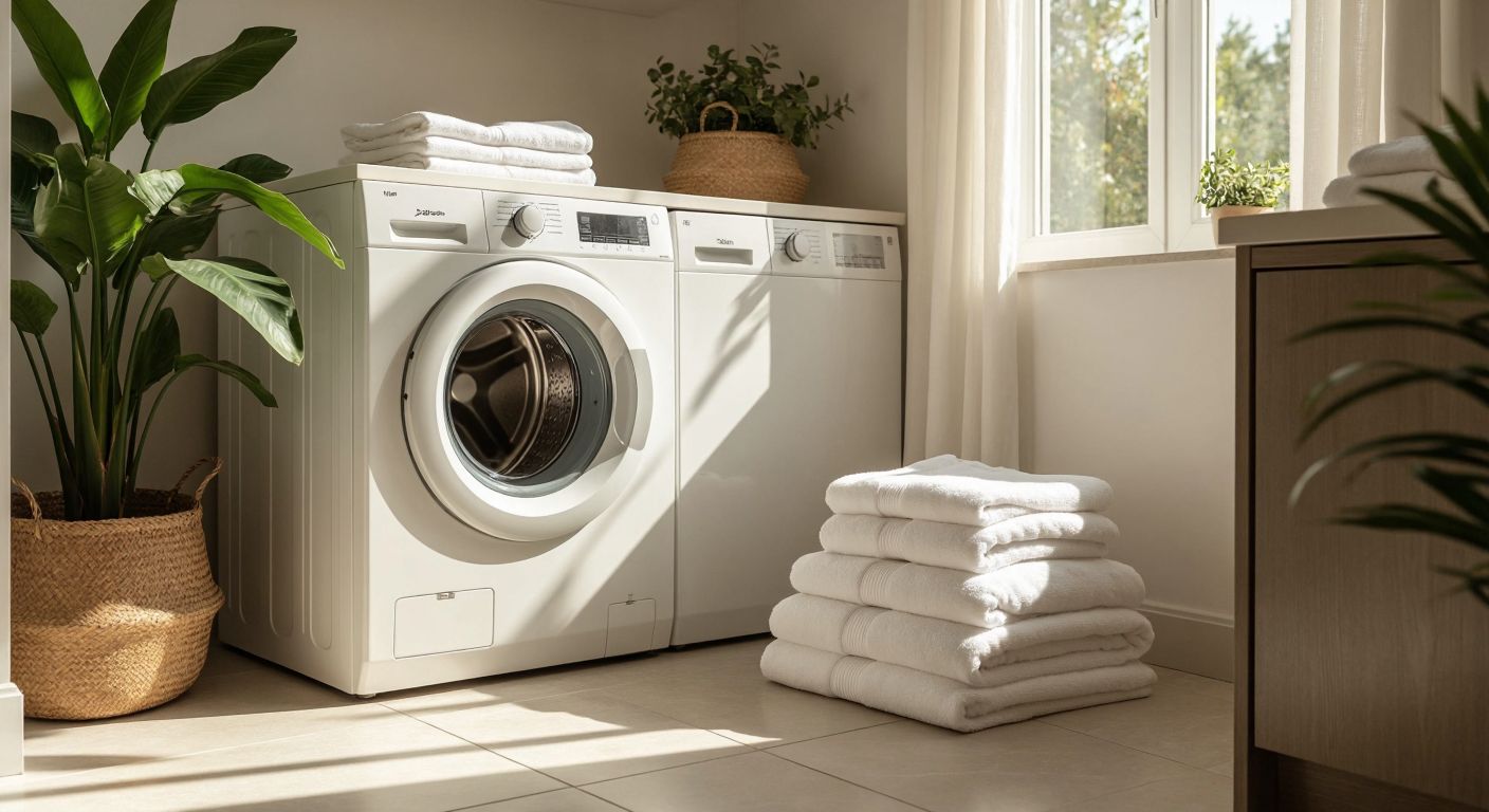 A modern Turkish laundry room with a white dryer humming softly, neatly folded white cotton clothes stacked beside it, and warm sunlight streaming through a window onto a clean tiled floor.