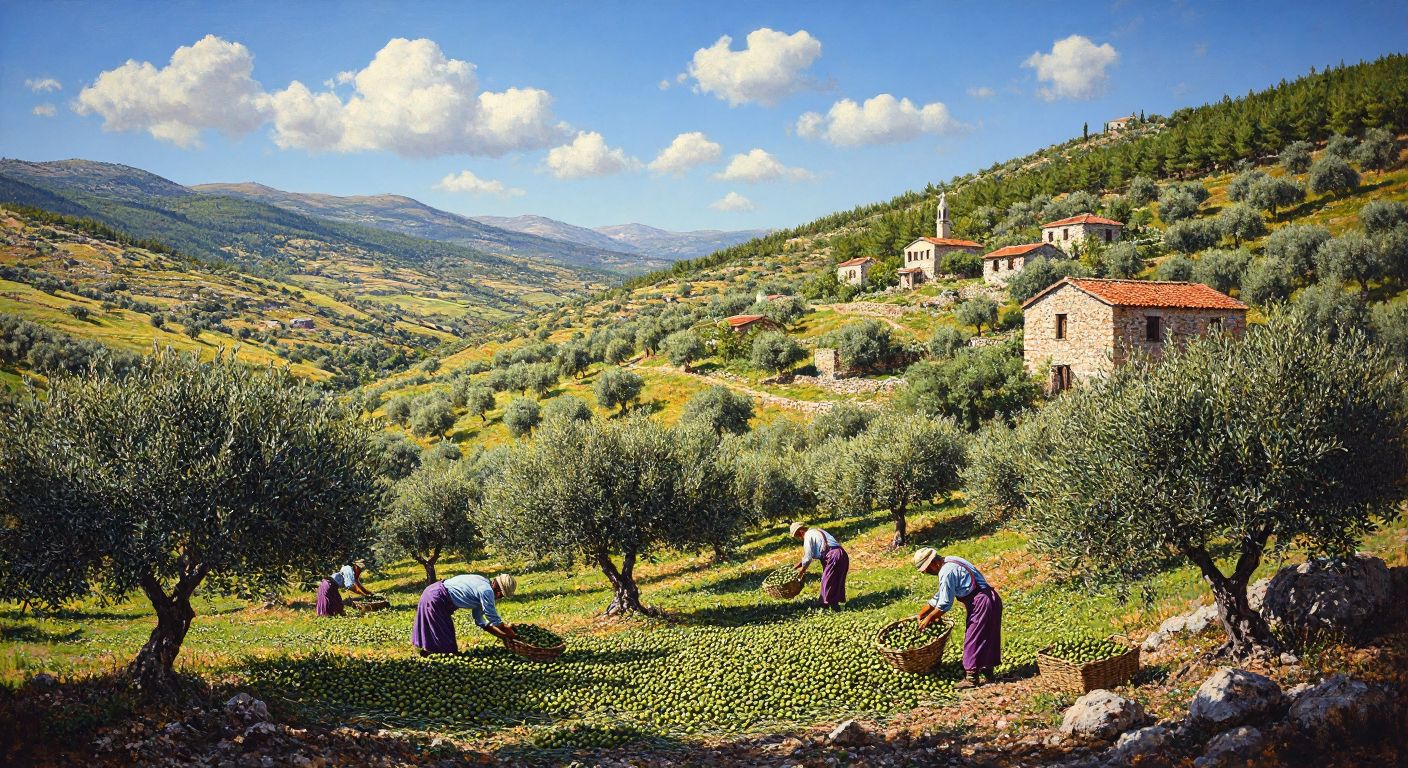 A sunlit olive grove in Turkey's Aegean region, with workers harvesting ripe olives under a clear blue sky, surrounded by rolling green hills and traditional stone houses.