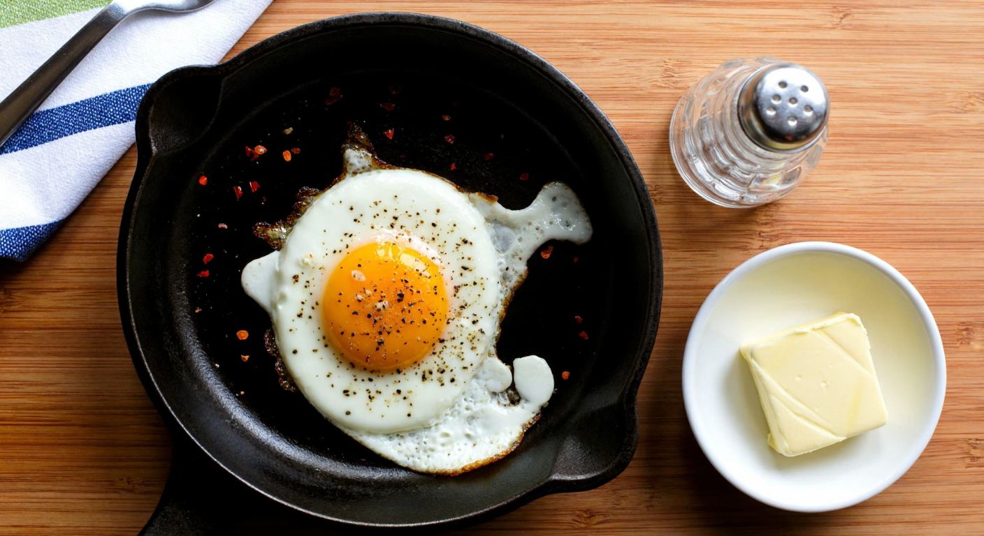 A sizzling cast-iron pan holds a golden-yolked fried egg sprinkled with black pepper and red pepper flakes, resting on a rustic wooden table beside a small dish of butter and a salt shaker.