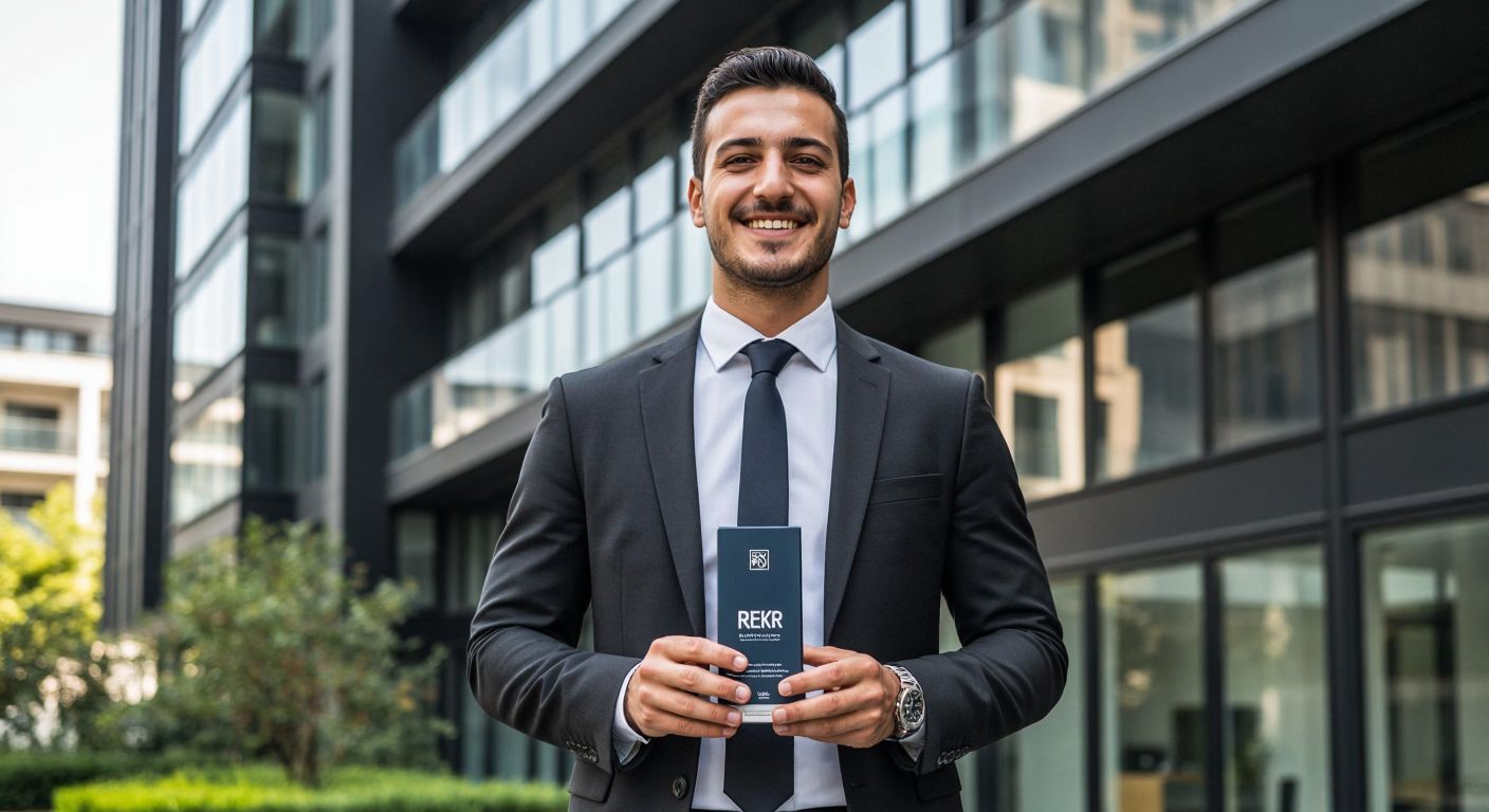 A confident Turkish businessman in a sleek suit stands proudly in front of a modern office building, holding a REKR-branded product with a warm, determined smile.