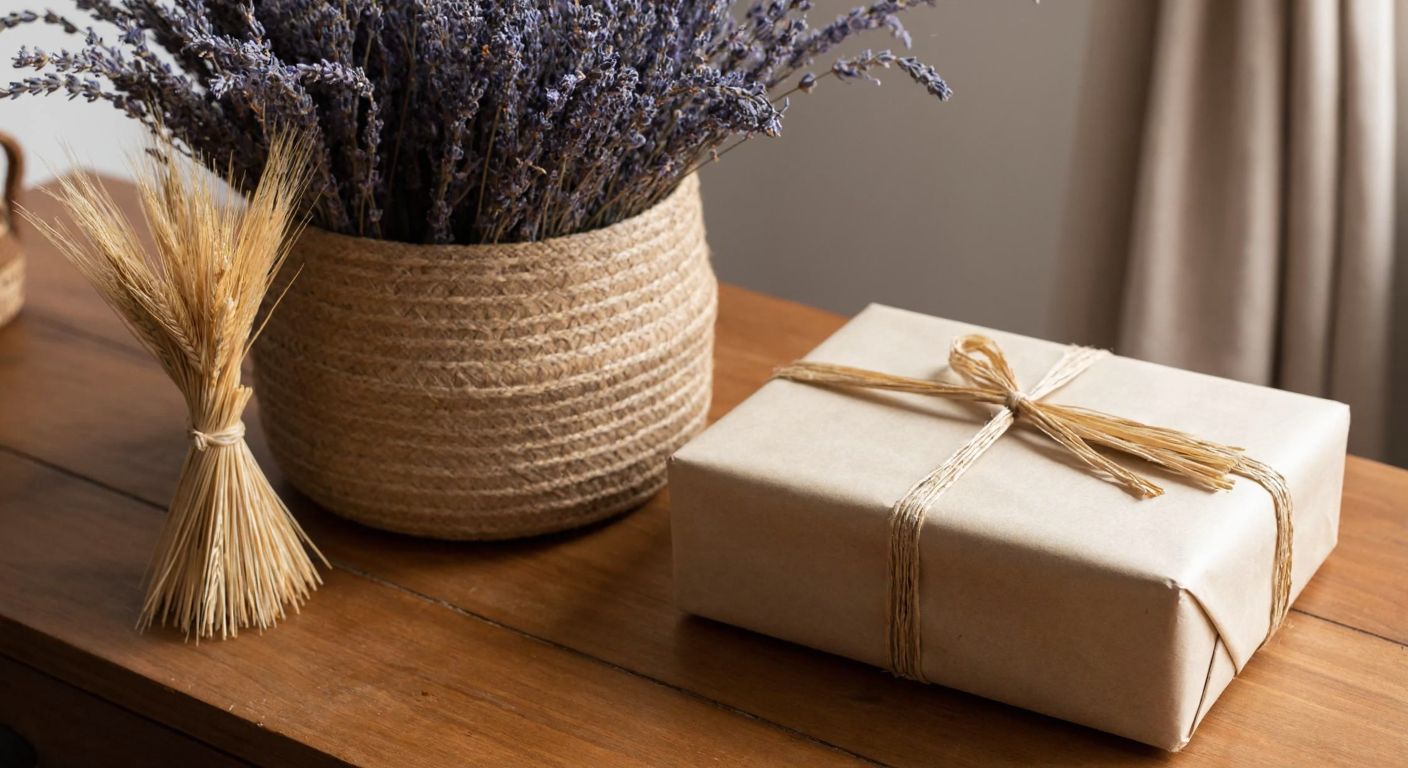A rustic wooden table in a cozy Turkish home displays a neatly wrapped gift adorned with golden-brown raffia ribbon, a woven raffia basket filled with dried lavender, and a small potted plant tied with the same natural fiber, evoking warmth and craftsmanship.