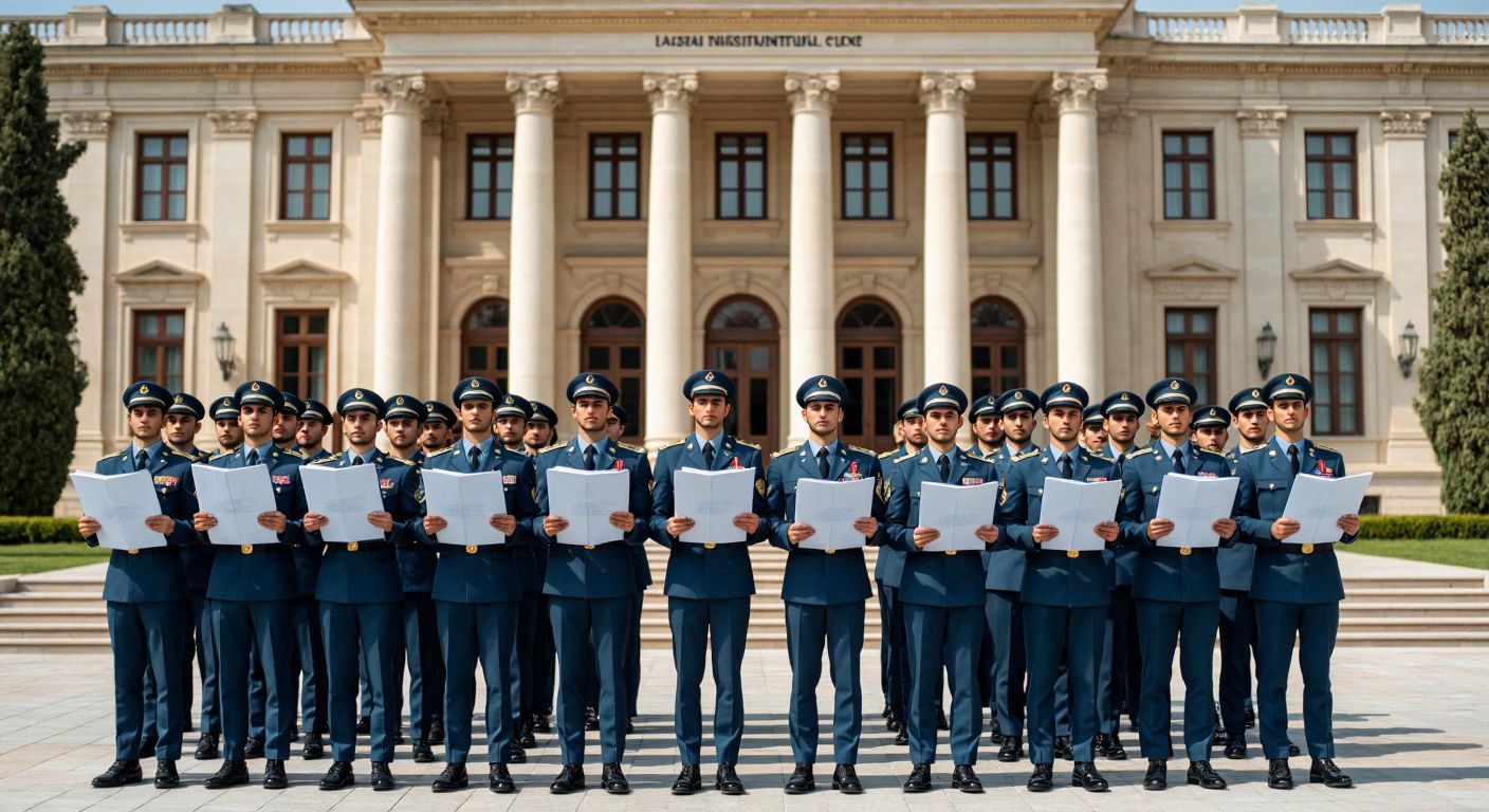 A group of disciplined Turkish military cadets in crisp uniforms standing proudly in front of a grand academic building, holding blueprints, globes, and books representing engineering, international relations, and strategy studies.