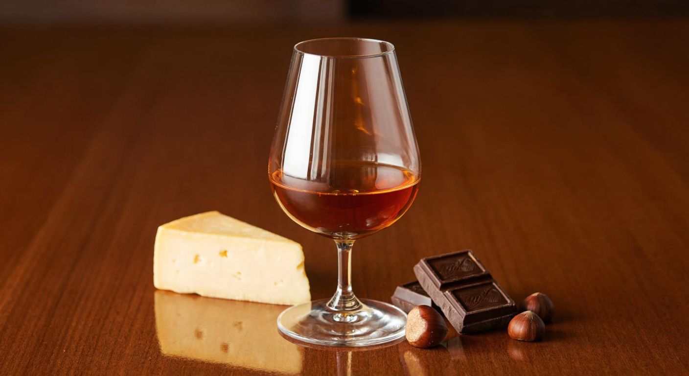A polished wooden table holds a tulip-shaped glass filled with amber Courvoisier cognac, accompanied by dark chocolate squares, a small cheese wedge, and roasted hazelnuts, with warm lighting reflecting off the glass.