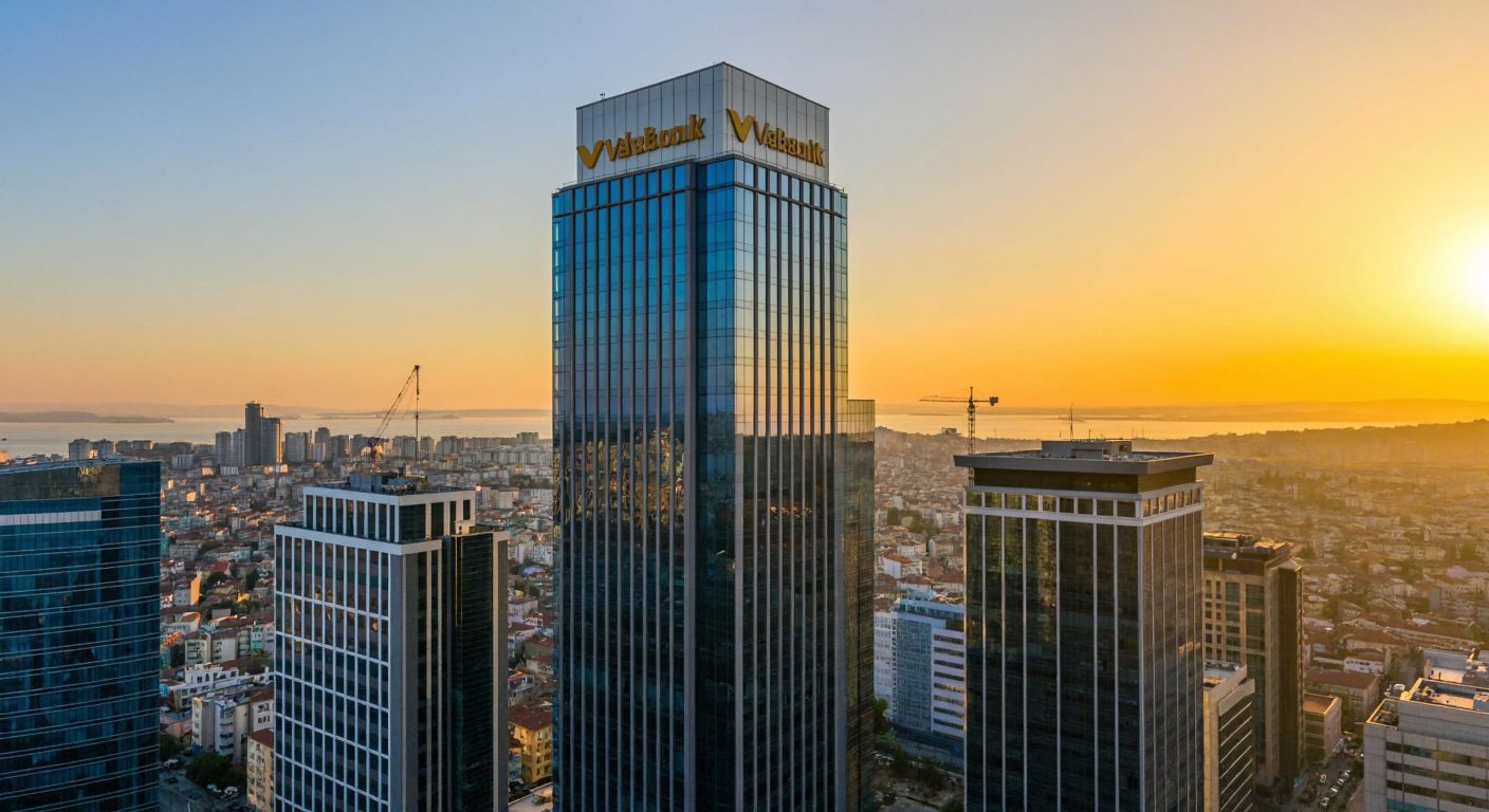 A sleek modern glass-and-steel skyscraper in Istanbul's financial district, bathed in golden sunset light, with the Vakıfbank logo subtly integrated into its facade, reflecting the city's skyline.