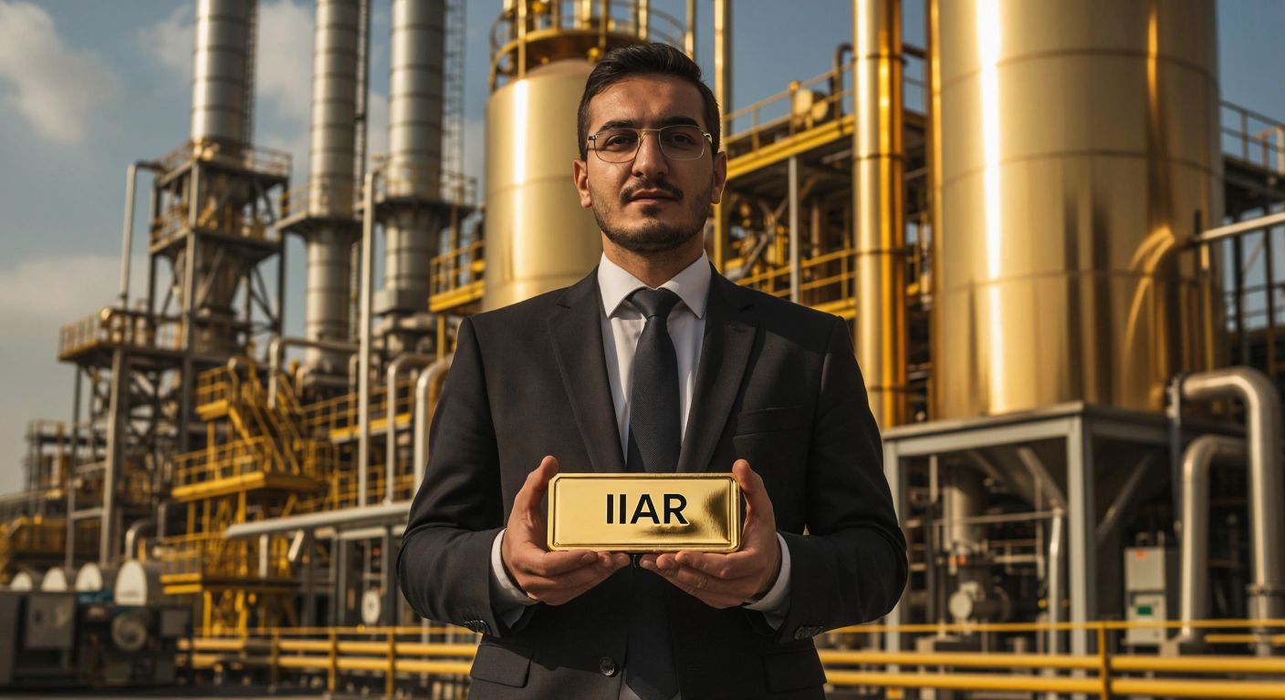 A dignified Turkish businessman in a suit stands proudly in front of a gleaming gold refinery, holding a polished gold bar with the İAR logo subtly reflected in its surface.