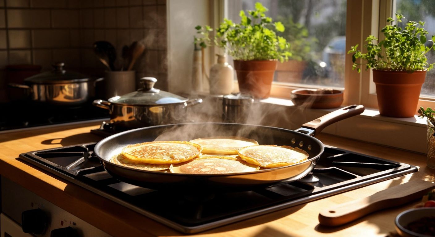 A gleaming Tefal crepe pan sits on a stove in a sunlit Turkish kitchen, with golden-brown crepes sizzling inside and a wooden spatula resting beside it, evoking warmth and satisfaction.
