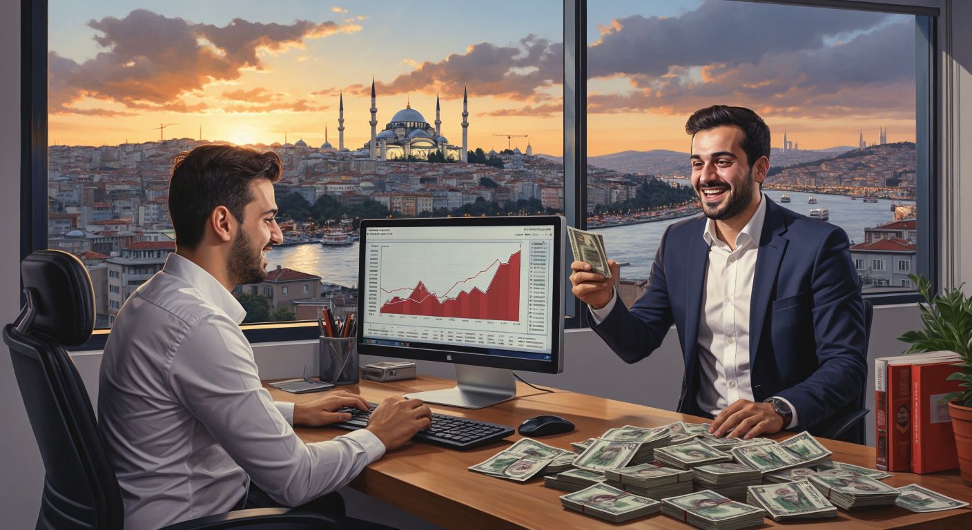 A Turkish businessman in a sleek office frowns at a rising graph on a monitor while another man in casual attire smiles, counting stacks of lira bills, with a bustling Istanbul skyline visible through the window.