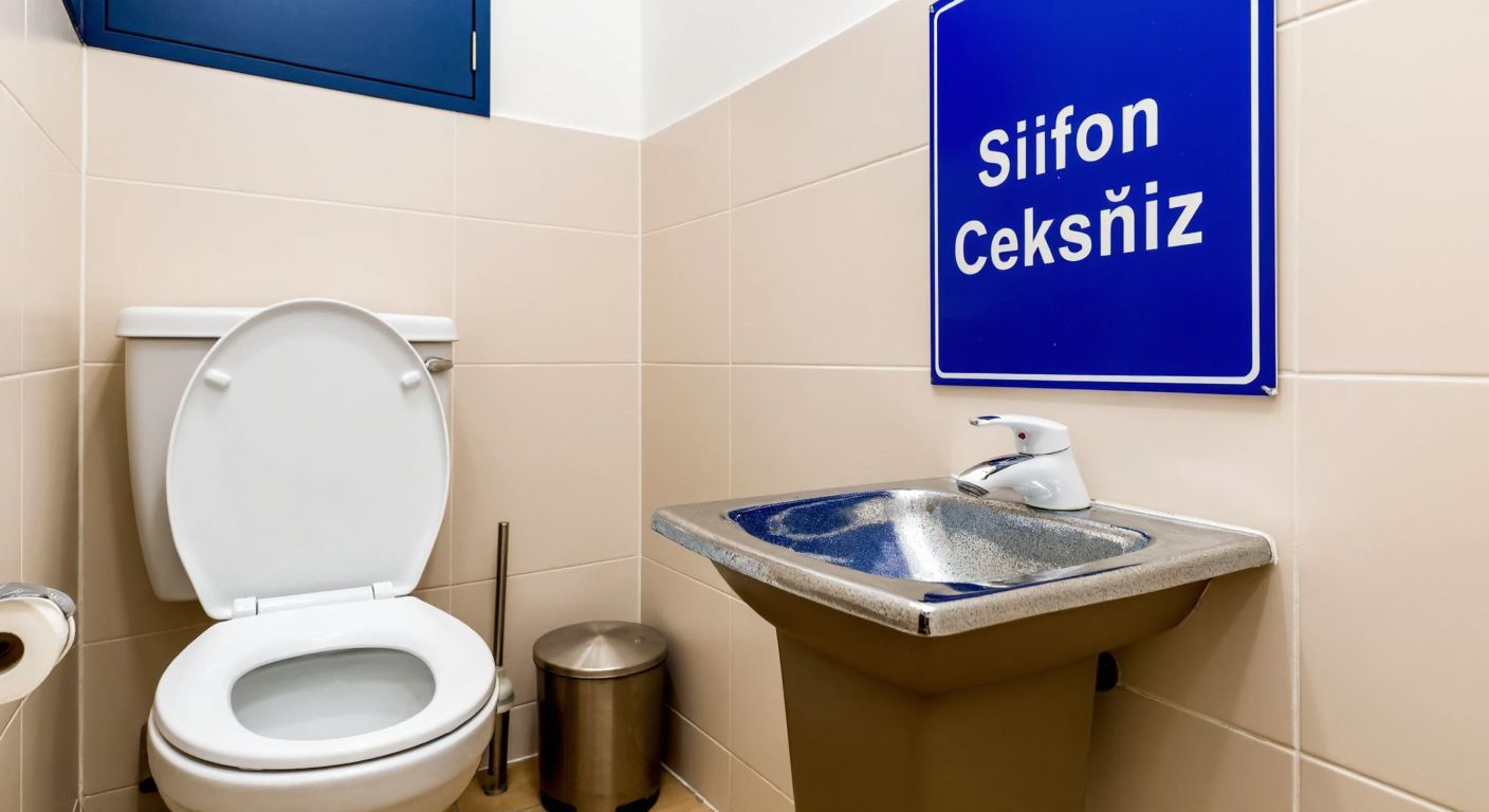 A clean, well-lit Turkish restroom with a blue and white "Sifonu Çekiniz" sign mounted on a tiled wall, a sparkling toilet with its lid down, and a small wastebasket beside it.