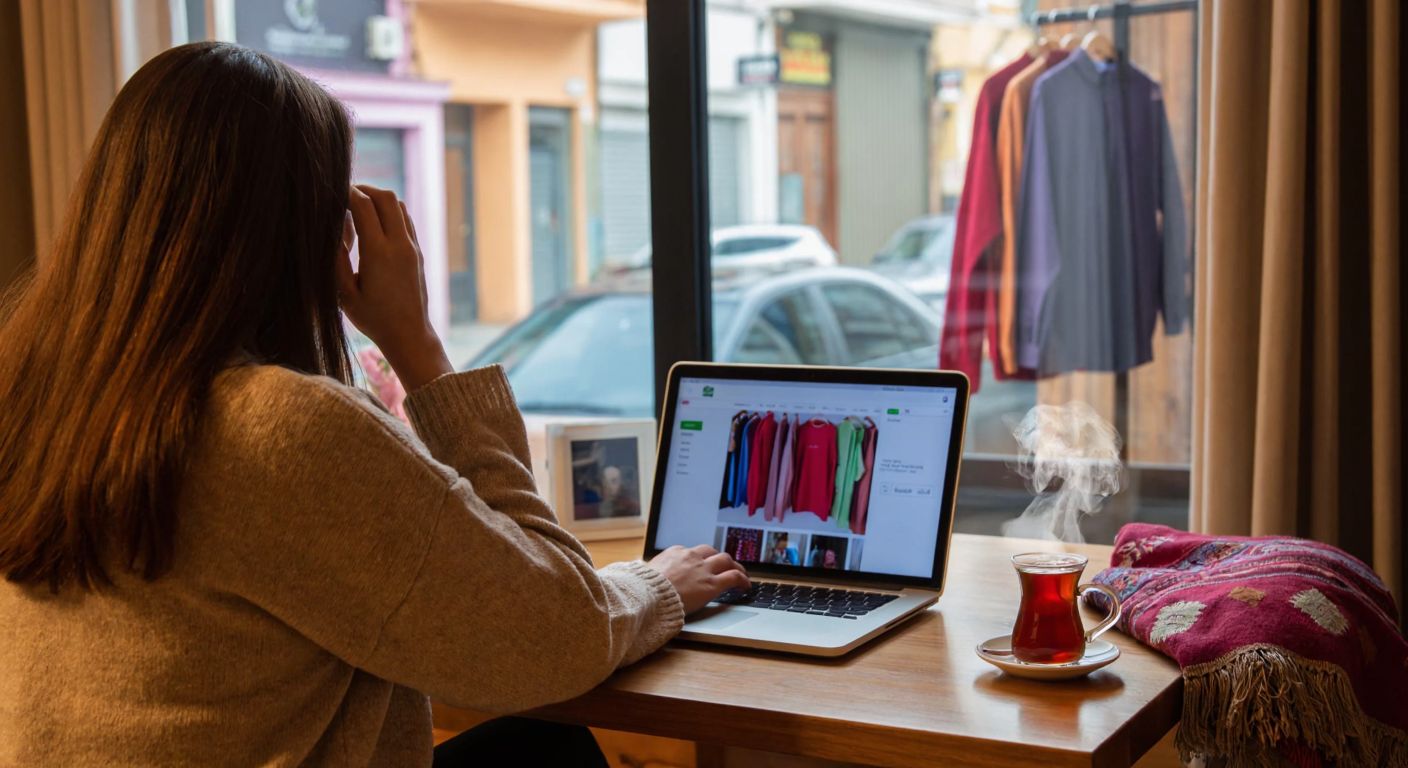 A person in Turkey sits at a cozy wooden table with a laptop open, browsing colorful clothing and home goods on a shopping website, while a steaming cup of Turkish tea sits beside them.