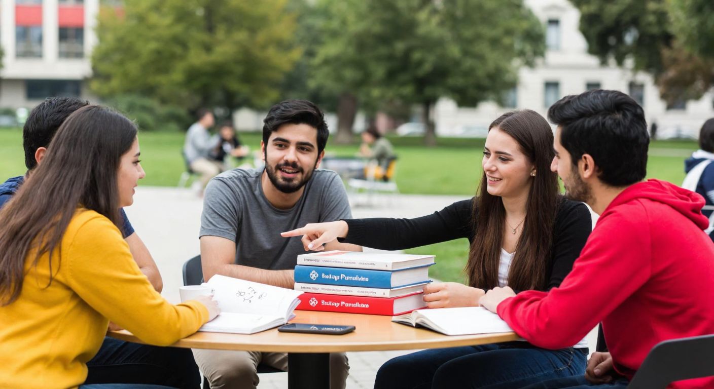 A group of Turkish university students in casual attire sit around a table on the İTÜ campus, discussing a stack of textbooks labeled with physics and math symbols, with one student pointing enthusiastically at a notebook.