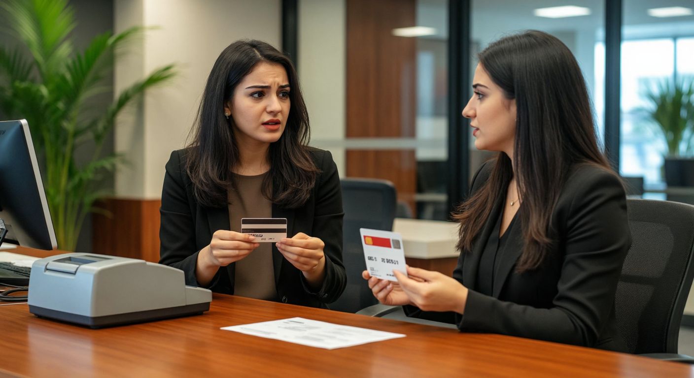 A concerned Turkish woman in a modern bank office speaks with a professional banker across a desk, holding a canceled credit card while gesturing toward a payment receipt and a small shredder nearby.