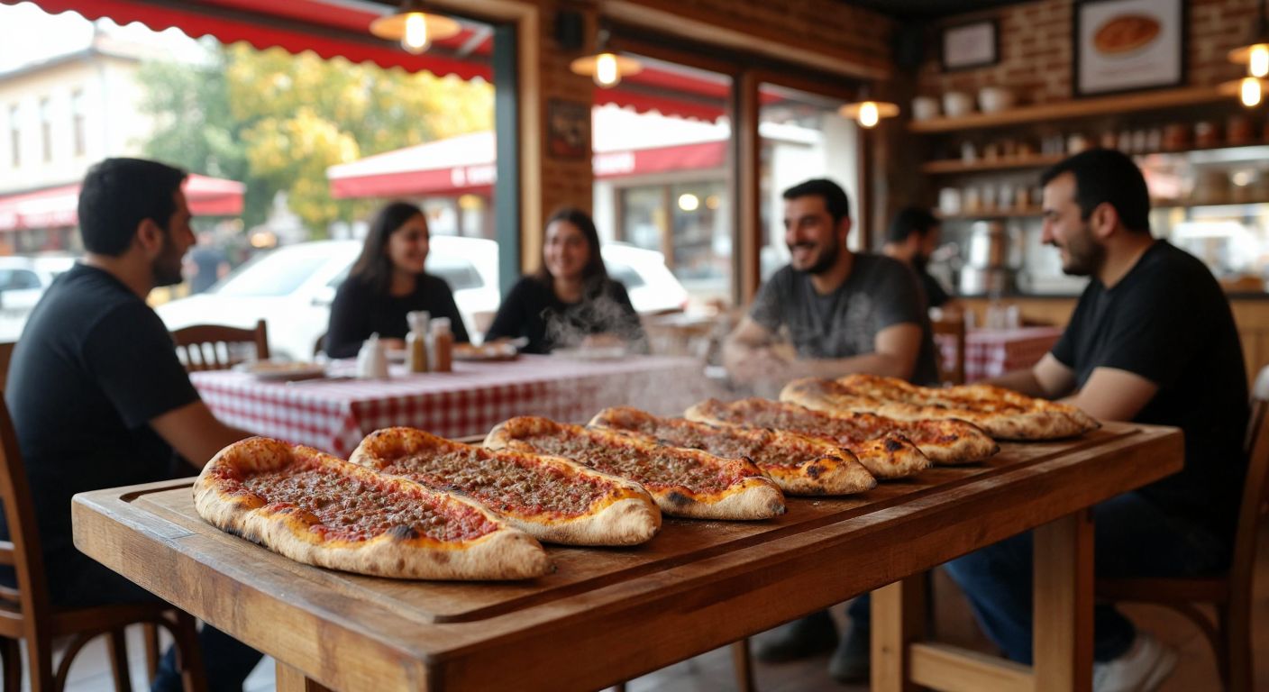 A warm, bustling Turkish restaurant with a wood-fired oven, where golden-brown *etli ekmek* and *Mevlana pidesi* steam on a wooden tray, surrounded by smiling diners in a cozy, clean setting with checkered tablecloths.